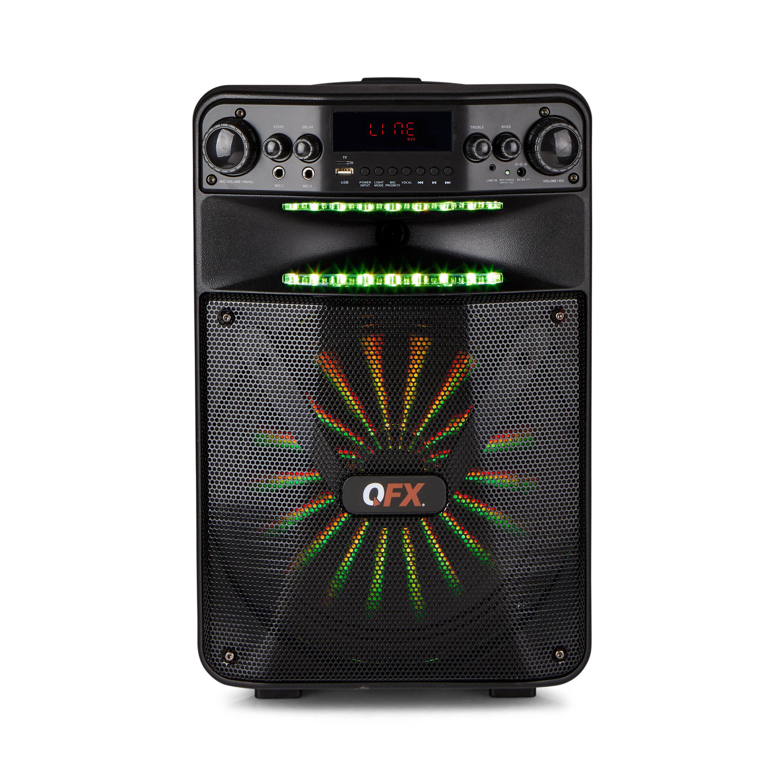 Front. QFX - Bluetooth Rechargeable Speaker with Smart APP Control and LED Lights - Black.