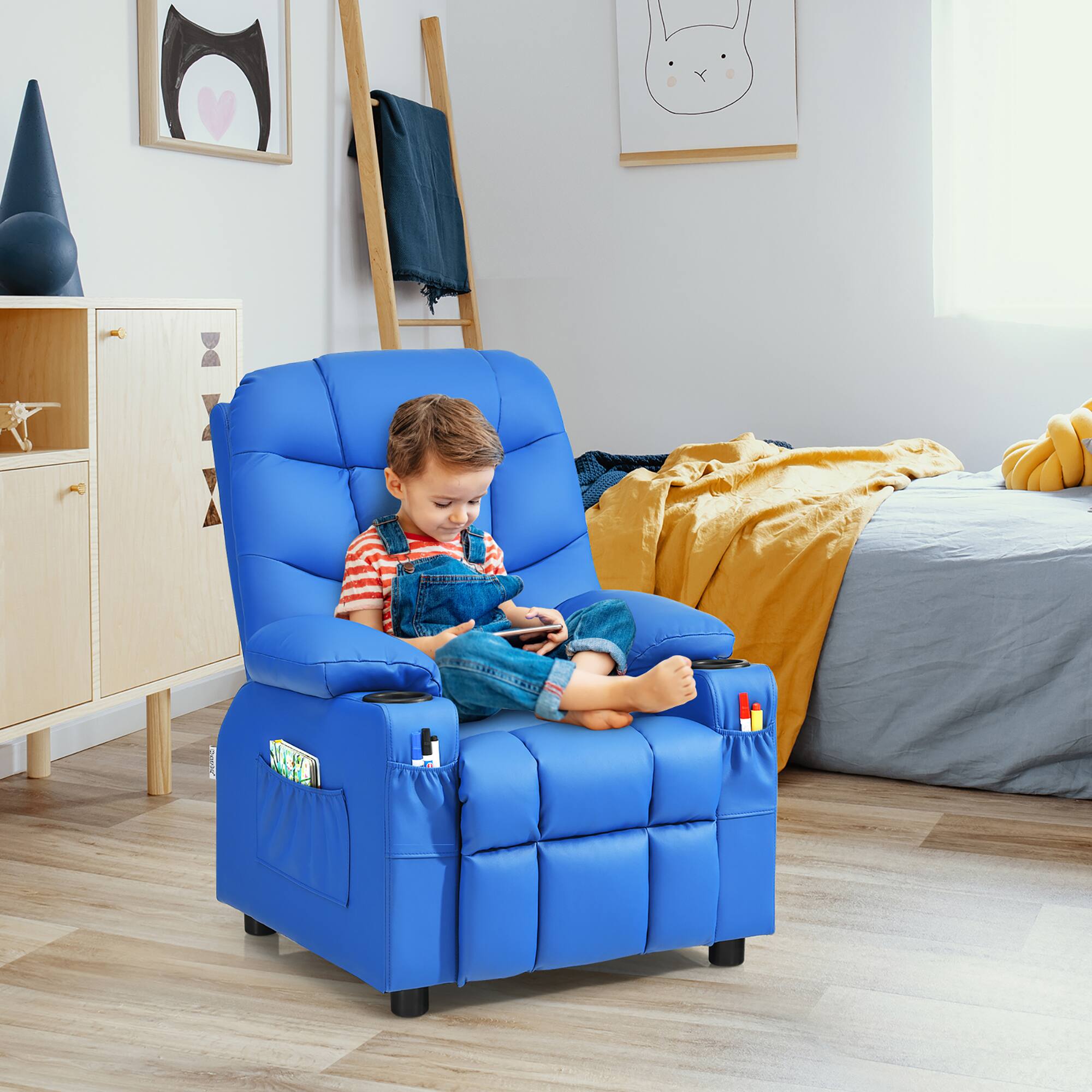 Alt View 1. Costway - Costway Kids Youth Recliner Chair PU Leather w/Cup Holders & Side Pockets - Blue.