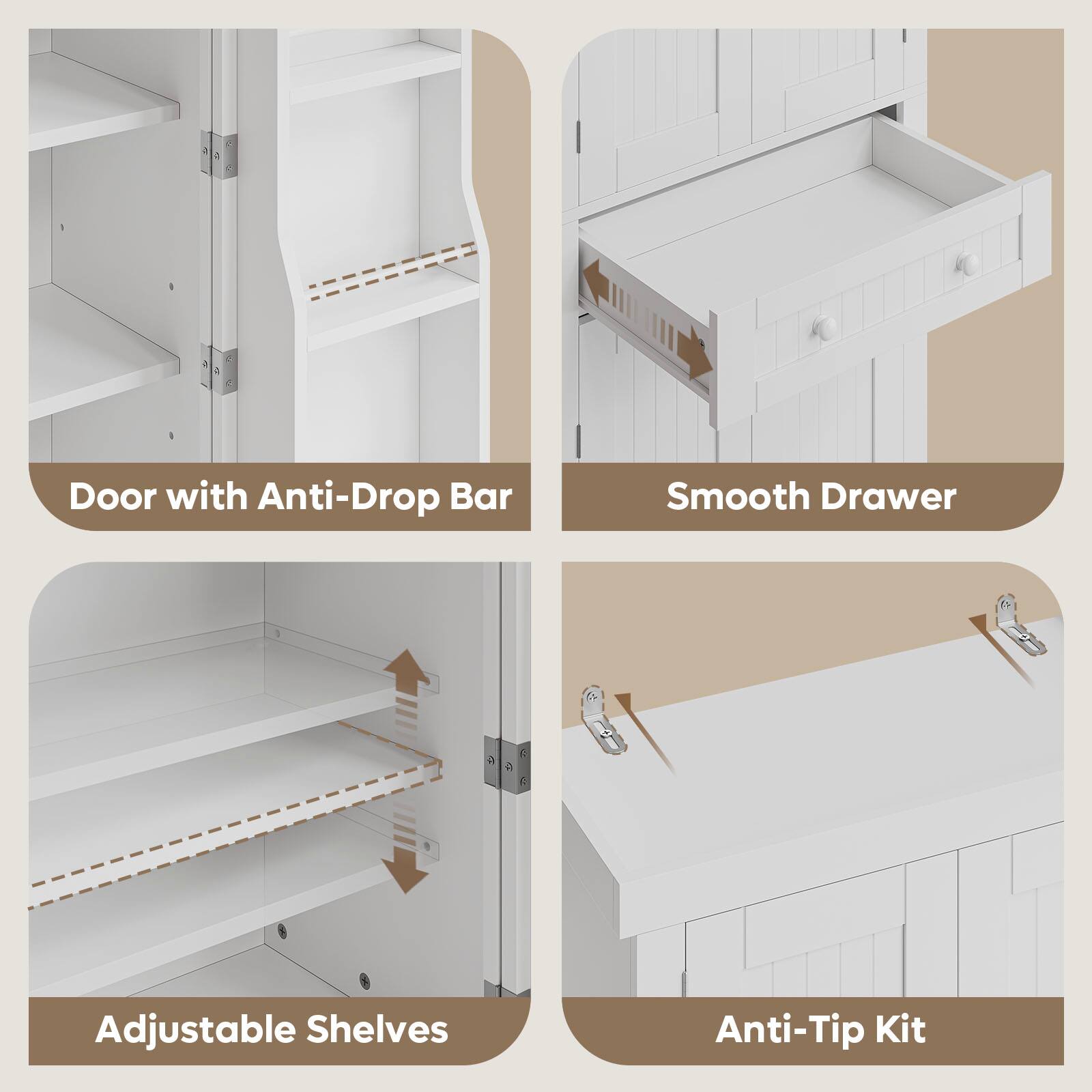 The image shows a white cabinet with various features and labels. There is a door with an anti-drop bar, a smooth drawer, adjustable shelves, and an anti-tip kit. These features are designed to provide safety and convenience for users.