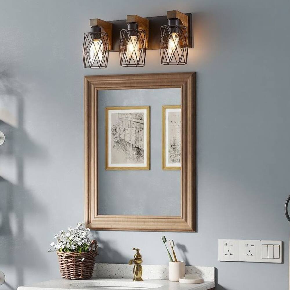 Alt View 6. YOSIMFUR - 3-Light Farmhouse Bathroom Vanity Light, Rustic Wood & Black Metal Wall Sconce for Mirror.