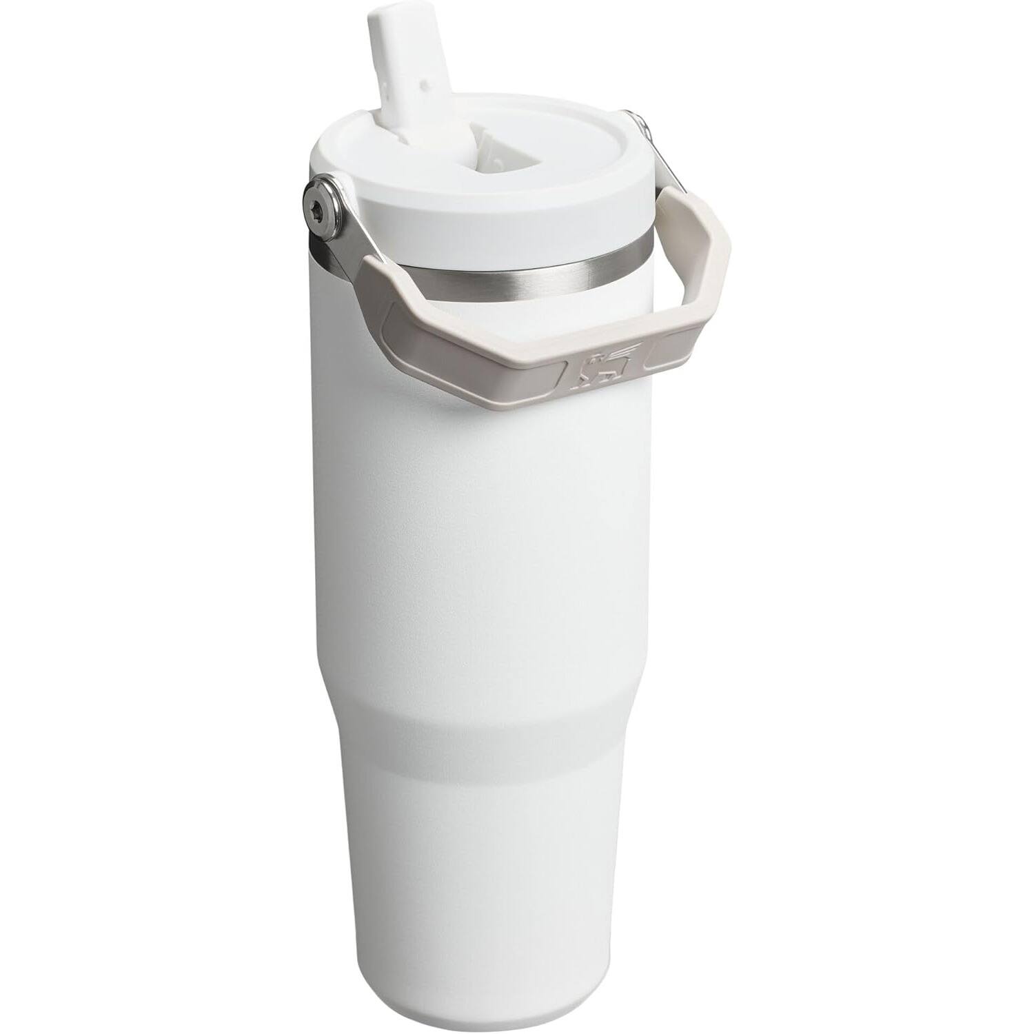 Left. PARKER SLATER - 30oz flip straw tumbler with handle, twist-on lid, leak-resistant, insulated stainless steel, BPA-free, frost finish. - Frost White.