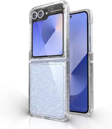 Front. Speck - Speck Samsung Galaxy Z Flip 6 Case | Slim & Foldable | Presidio Clear/Gold Glitter - Clear/Gold Glitter.