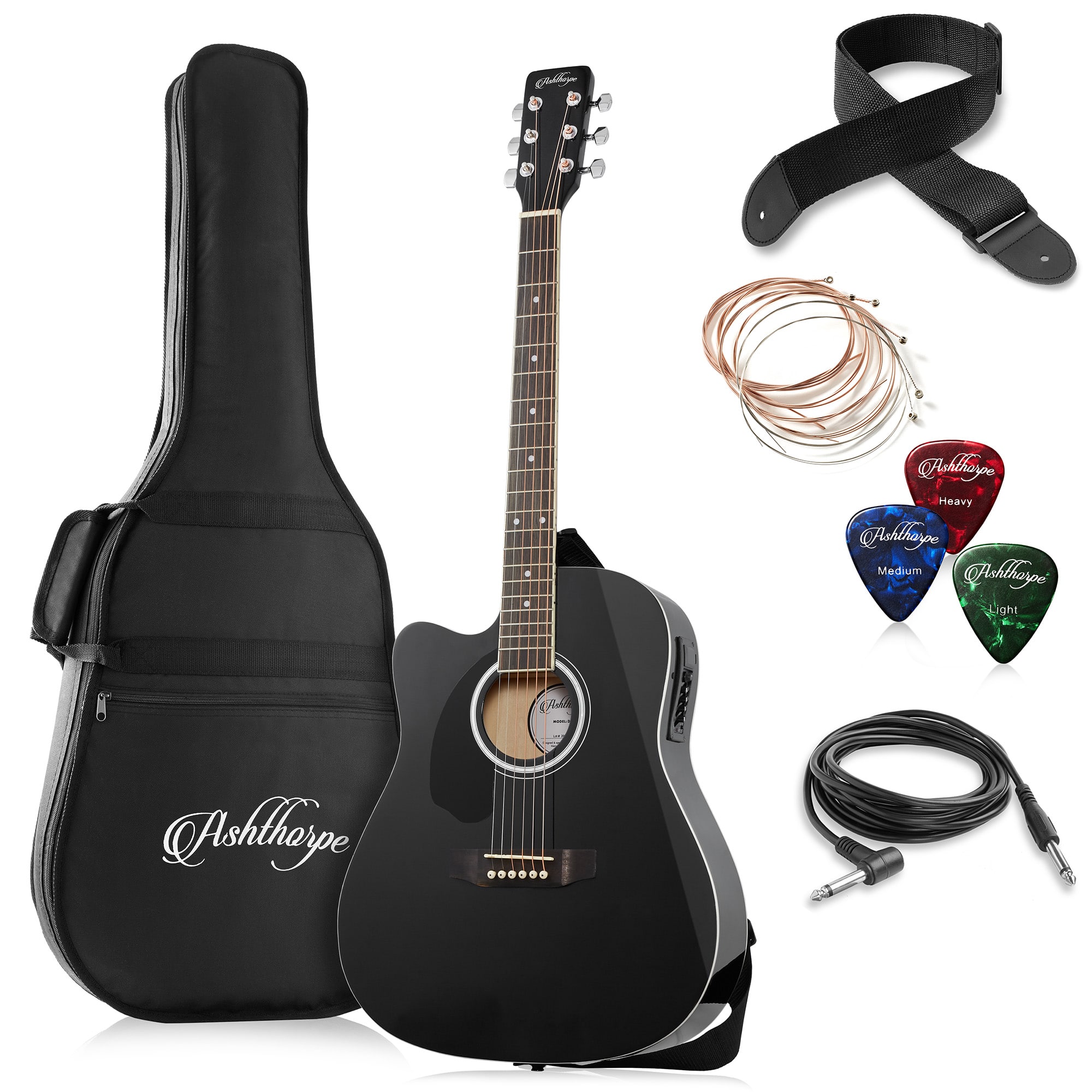 Ashthorpe - 41-in Left-Hand Dreadnought Cutaway Acoustic-Electric Guitar Bundle - Black
