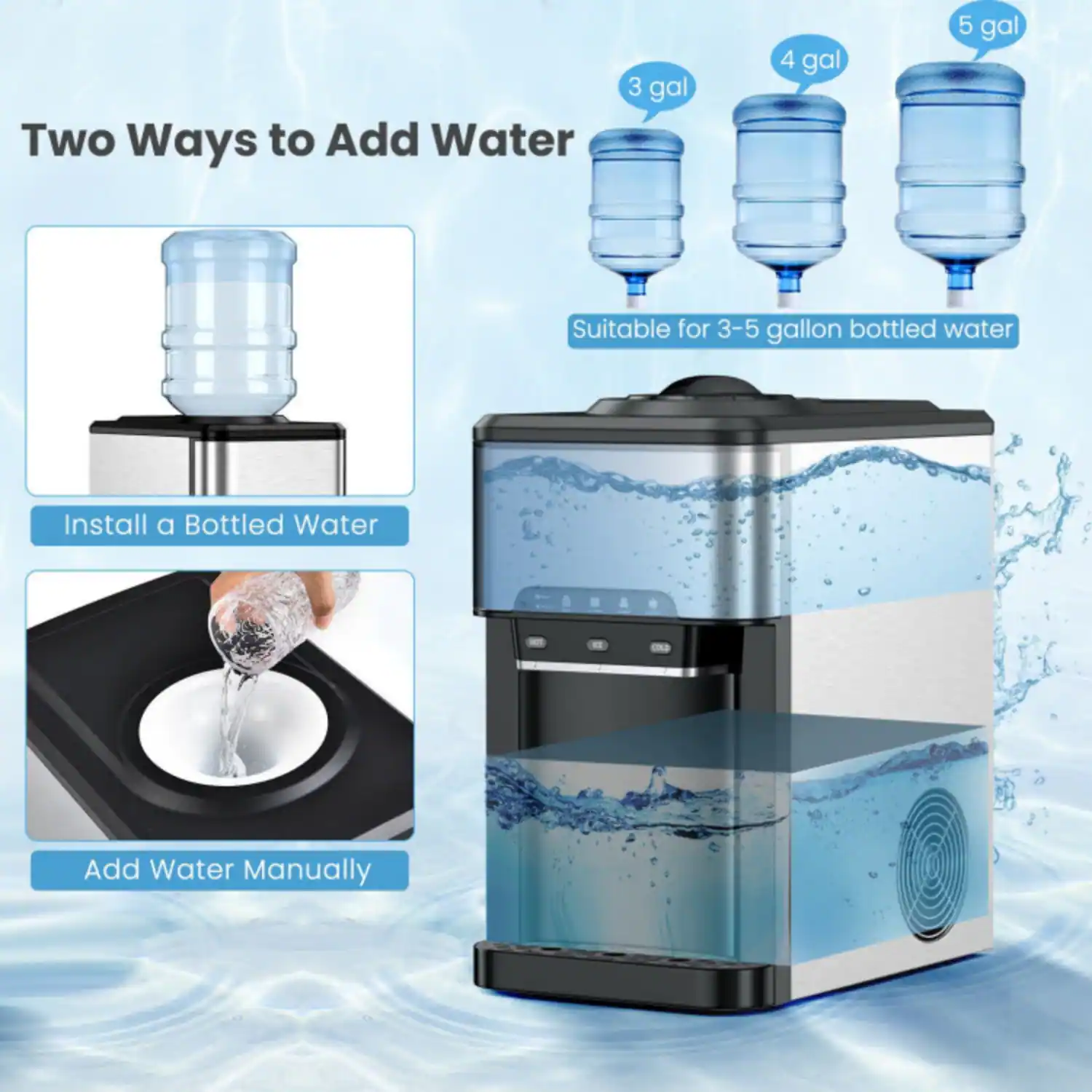 Two Ways to Add Water

- Install a Bottled Water
- Add Water Manually

Suitable for 3-5 gallon bottled water

3 gal 4 gal 5 gal