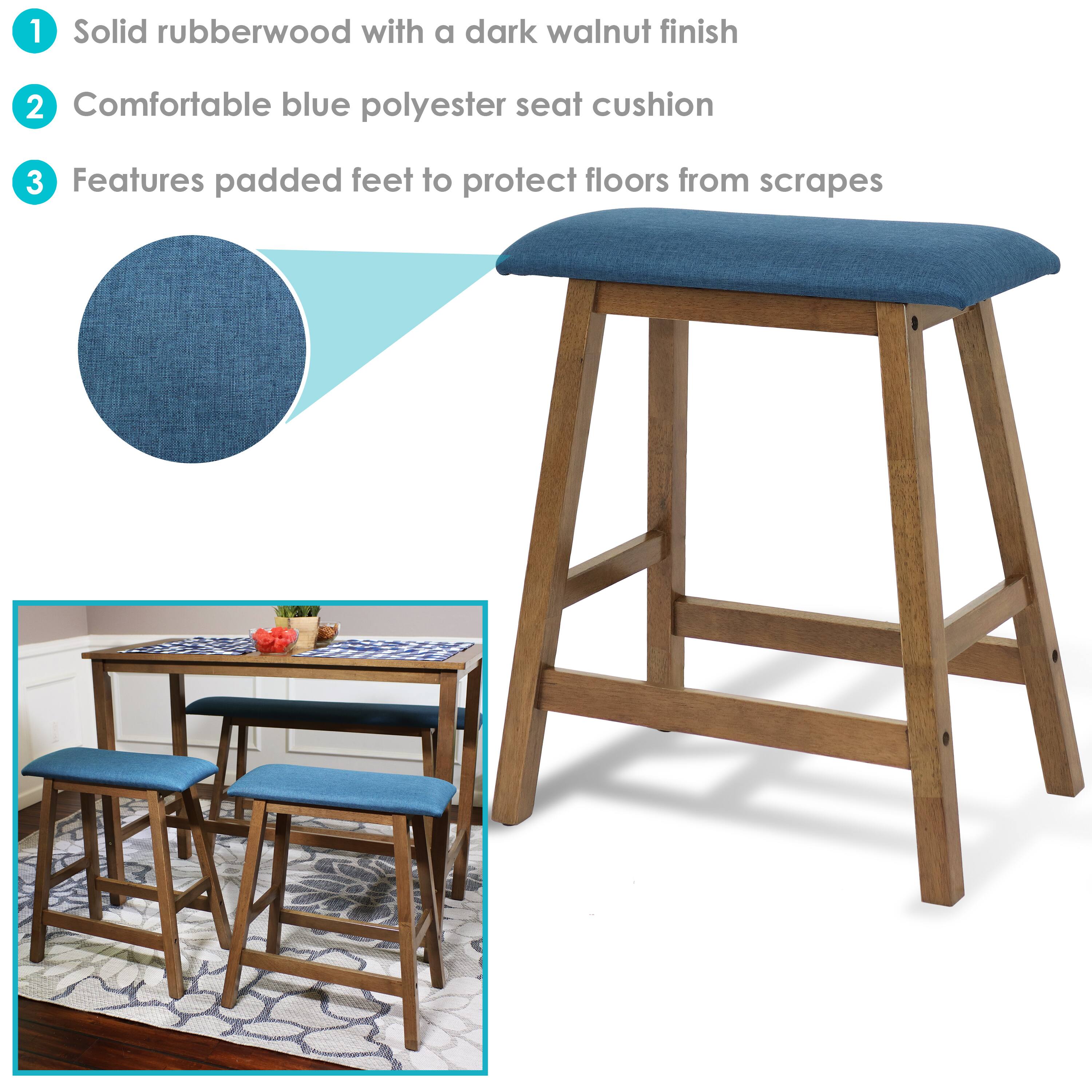 1. Solid rubberwood with a dark walnut finish  
2. Comfortable blue polyester seat cushion  
3. Features padded feet to protect floors from scrapes