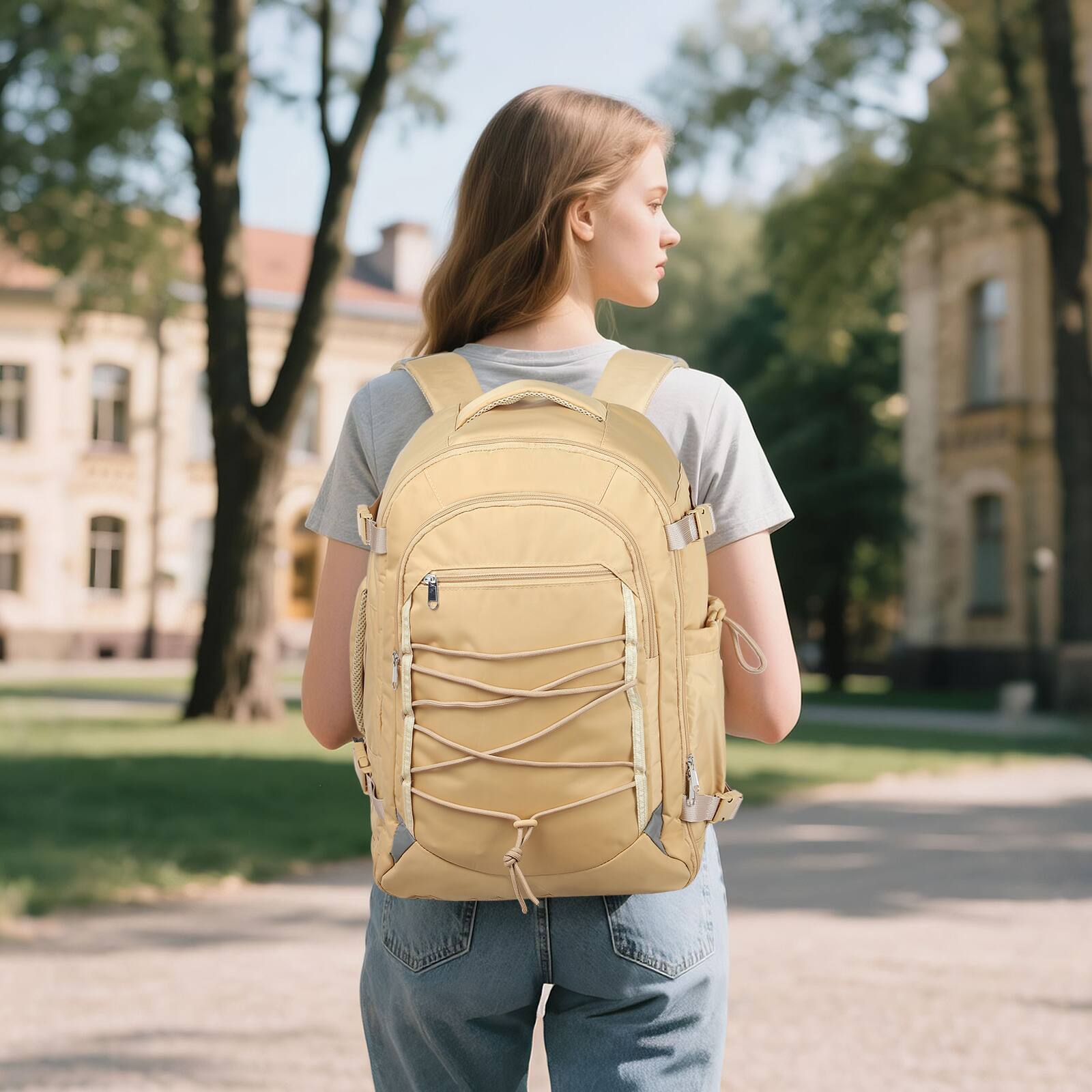 Alt View 5. Unique Bargains - Carry on Travel Backpack, Flight Approved Personal Item, Door Lock, USB A/C, Shoe Bag, Fits 16" Laptop - Khaki.