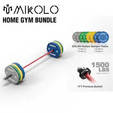 MIKOLLO HOME GYM BUNDLE
- 230LBS Rubber Bumper Plates
- 10LBS x 2
- 25LBS x 2
- 35LBS x 2
- 45LBS x 2
- 1500 LBS WEIGHT CAPACITY
- 7FT Premium Barbell
