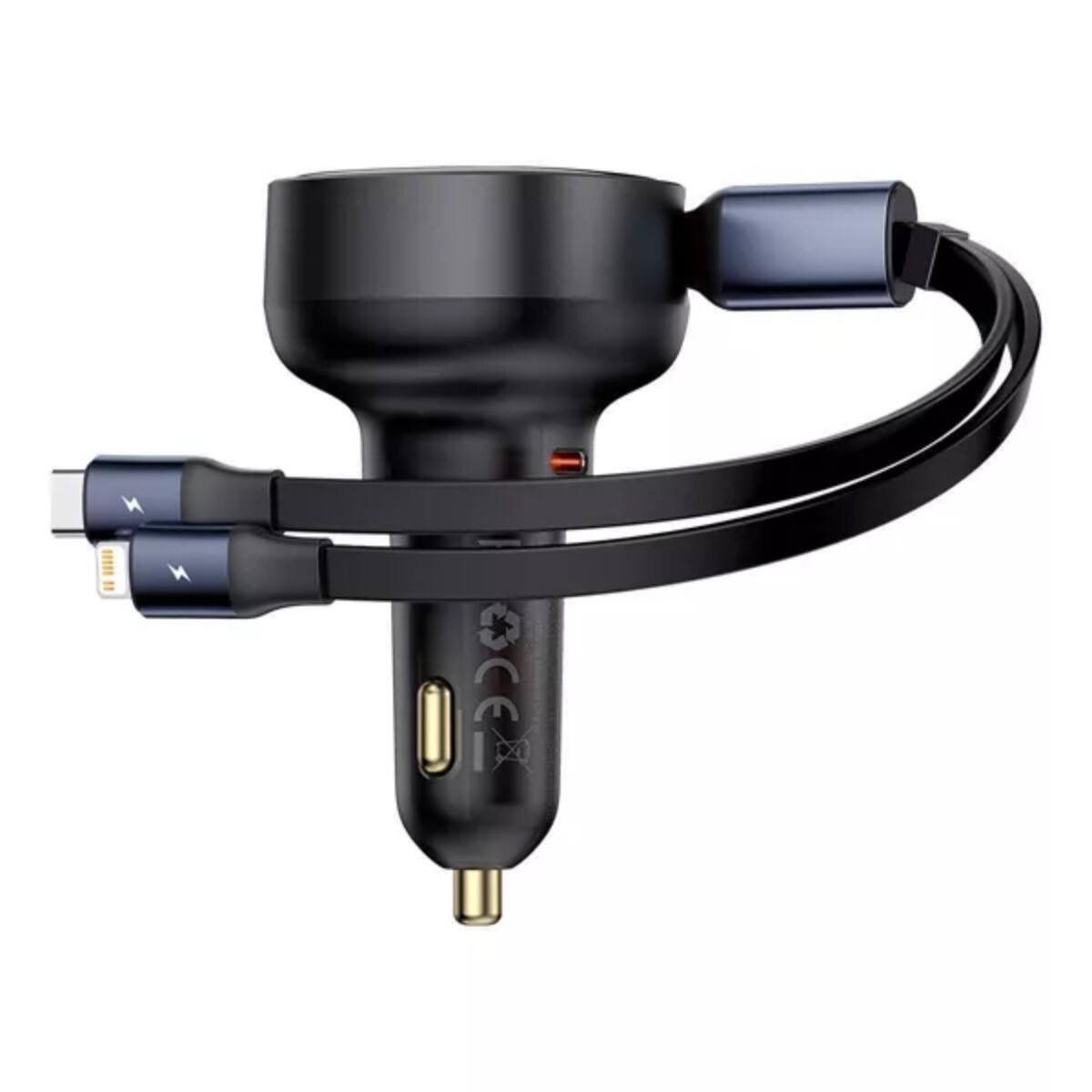 Alt View 6. Baseus - Baseus Enjoyment Pro Car Charger C + Retractable C & iP Cable 60W Cluster Black - Black.