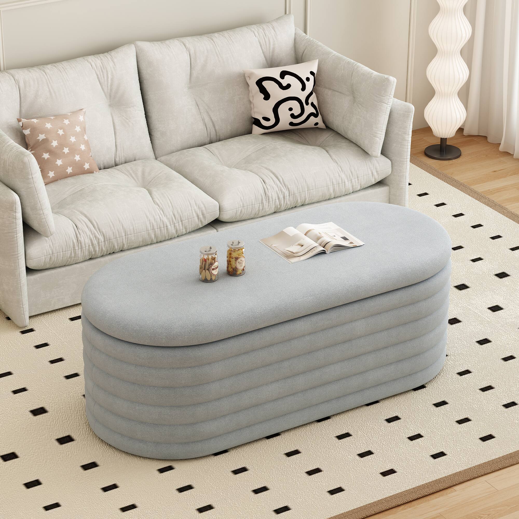 Front. GOODSILO - Upholstered Fabric Storage Ottoman Bench with Safety Hinge - Multi-Functional Footrest and Seating Solution - Light Grey.