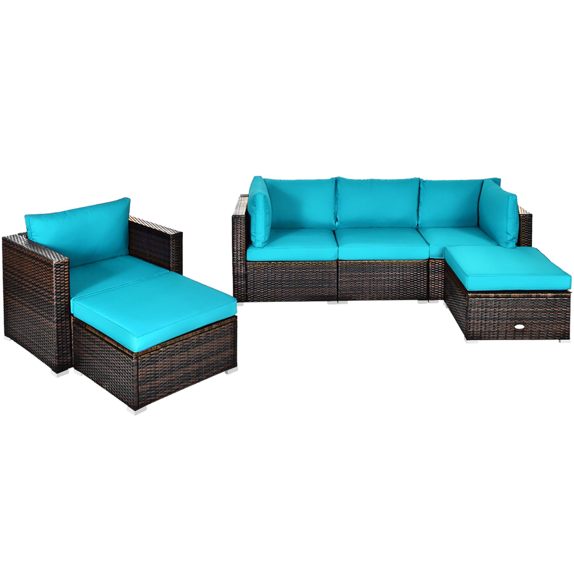 Alt View 3. Gymax - Gymax 6PCS Patio Conversation Set Rattan Sectional Furniture Set w/ Turquoise Cushions - Turquoise.
