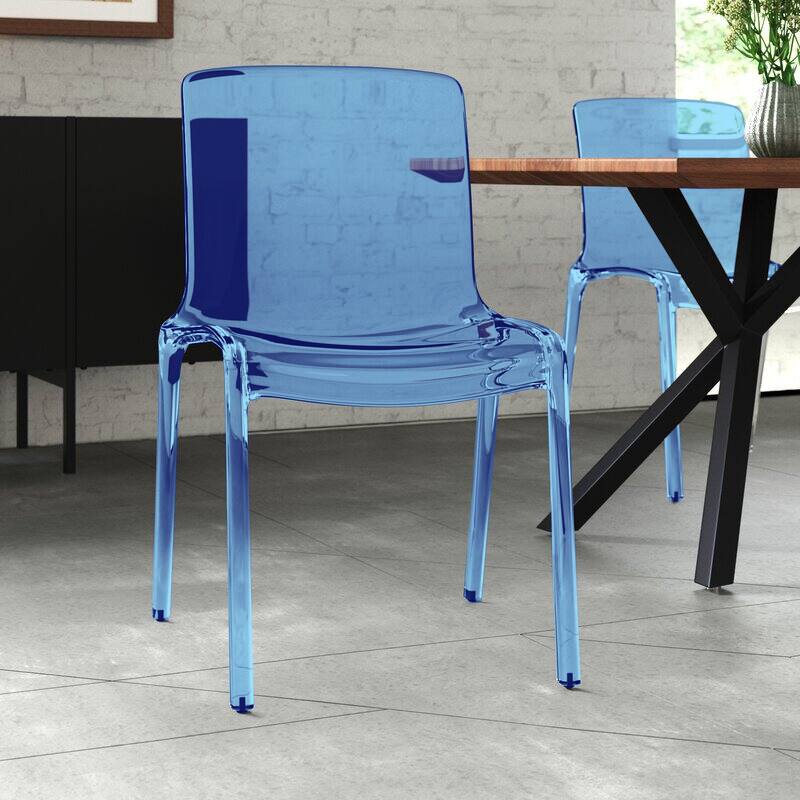 Angle. LeisureMod - Murray Modern Stackable Acrylic Accent Dining Chair with Transparent Seat for Dining Room, Kitchen & Office - Transparent Blue.