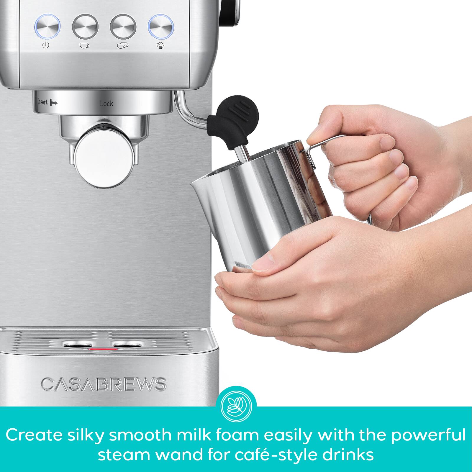 Create silky smooth milk foam easily with the powerful steam wand for café-style drinks.
