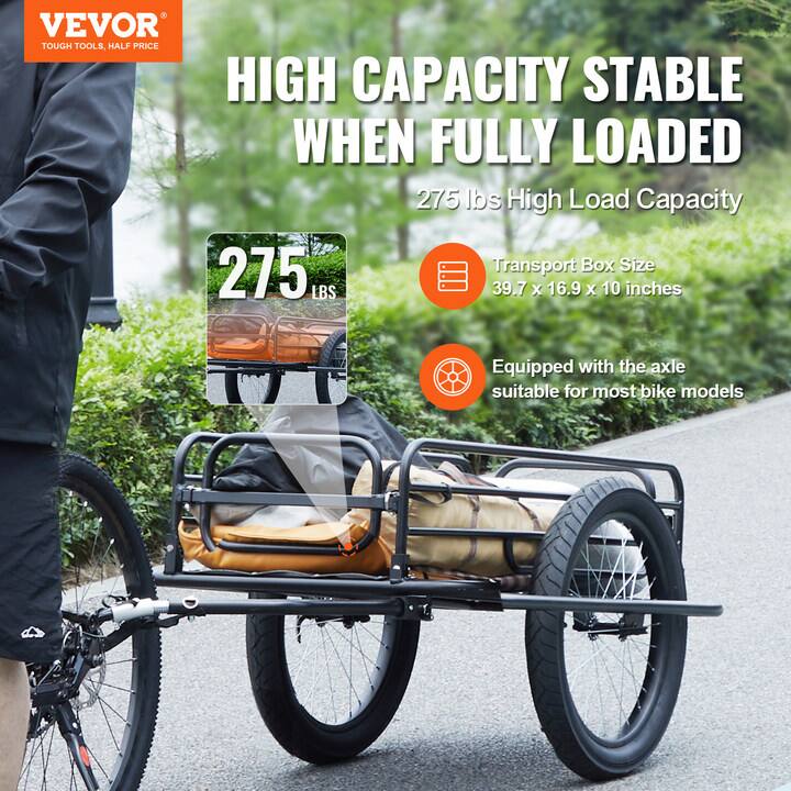 VEVOR  
TOUGH TOOLS, HALF PRICE  

HIGH CAPACITY STABLE WHEN FULLY LOADED  

275 lbs High Load Capacity  

Transport Box Size  
39.7 x 16.9 x 10 inches  

Equipped with the axle suitable for most bike models