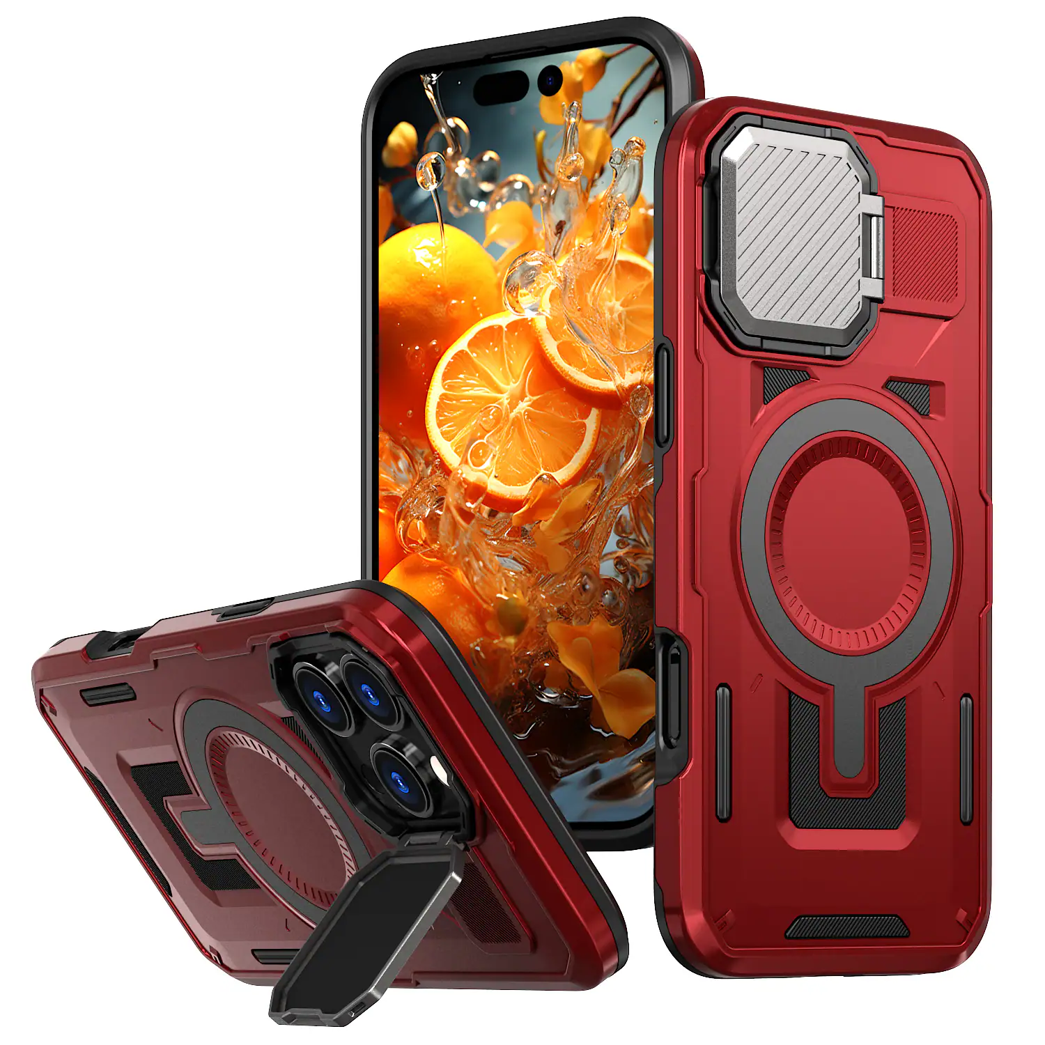 Front. Dteck - Heavy Duty Rugged Case for Apple iPhone 16 Pro Max Shock-absorbent Lens Stand 2-Layer Protective PC TPU Back Cover Shell - Red.