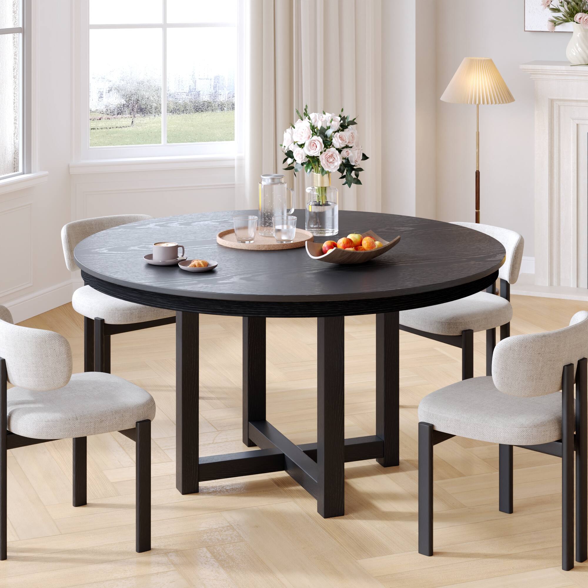 Angle. Lirago - 45" Solid Wood Round Dining Table with Double Pedestal Large Kitchen Table Seats 6 for Dining Room - Black.