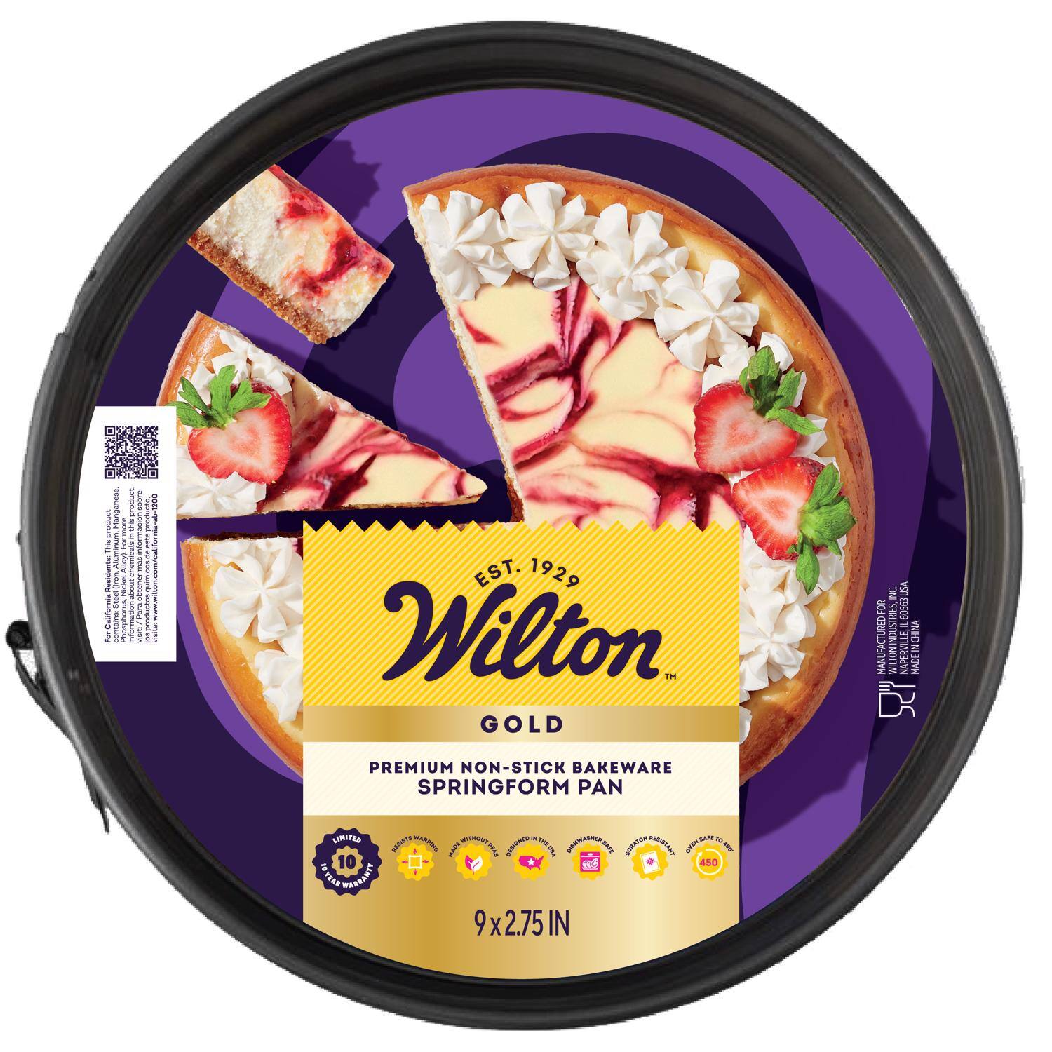 POLICES This Flasharry's: California For more Alloy2 Nickel Phosphorse product abouts information salore ausener Para ASF ingredi OFDO - POKEDUCTION 12:042 VELLES - EST. 1929 Wilton GOLD PREMIUM NON-STICK BAKEWARE SPRINGFORM PAN INC. USA FOR RIES. 60563 MANUFACTURED WILTON INDUS IN CHINA NAPERVILLE MADE IN 52" EXTIVAL NEWS MONOUY GUAHWASHIN DESISTANT 10 10 MADEWONDIA DESIGNED THE UNA SCRATCH OVEN 450 10 YEAR MIZRANTY 9x2.75IN