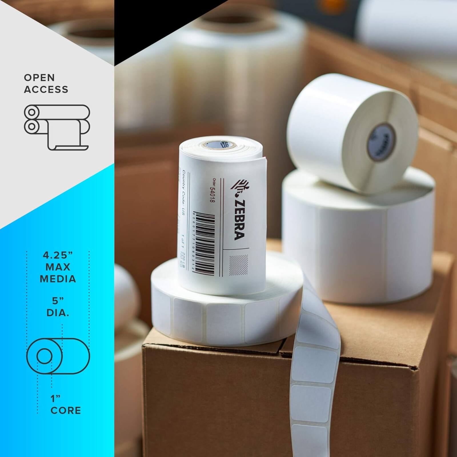 OPEN ACCESS  
4.25" MAX MEDIA  
5" DIA.  
1" CORE  
ZEBRA  
54018