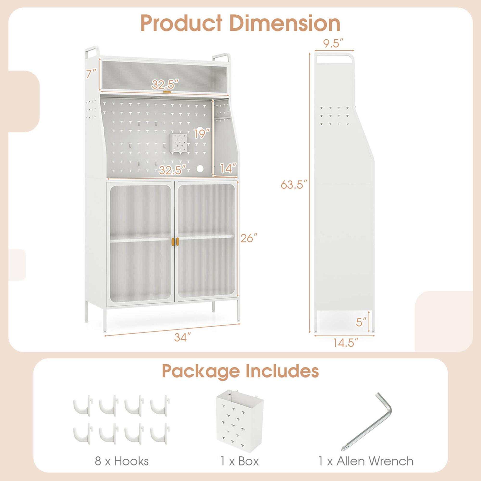 Product Dimension: 9.5" x 7" x 32.5" x 19" x 32.5" x 14" x 63.5" x 26" x 34" x 5" x 14.5"

Package Includes: 8 x Hooks, 1 x Box, 1 x Allen Wrench