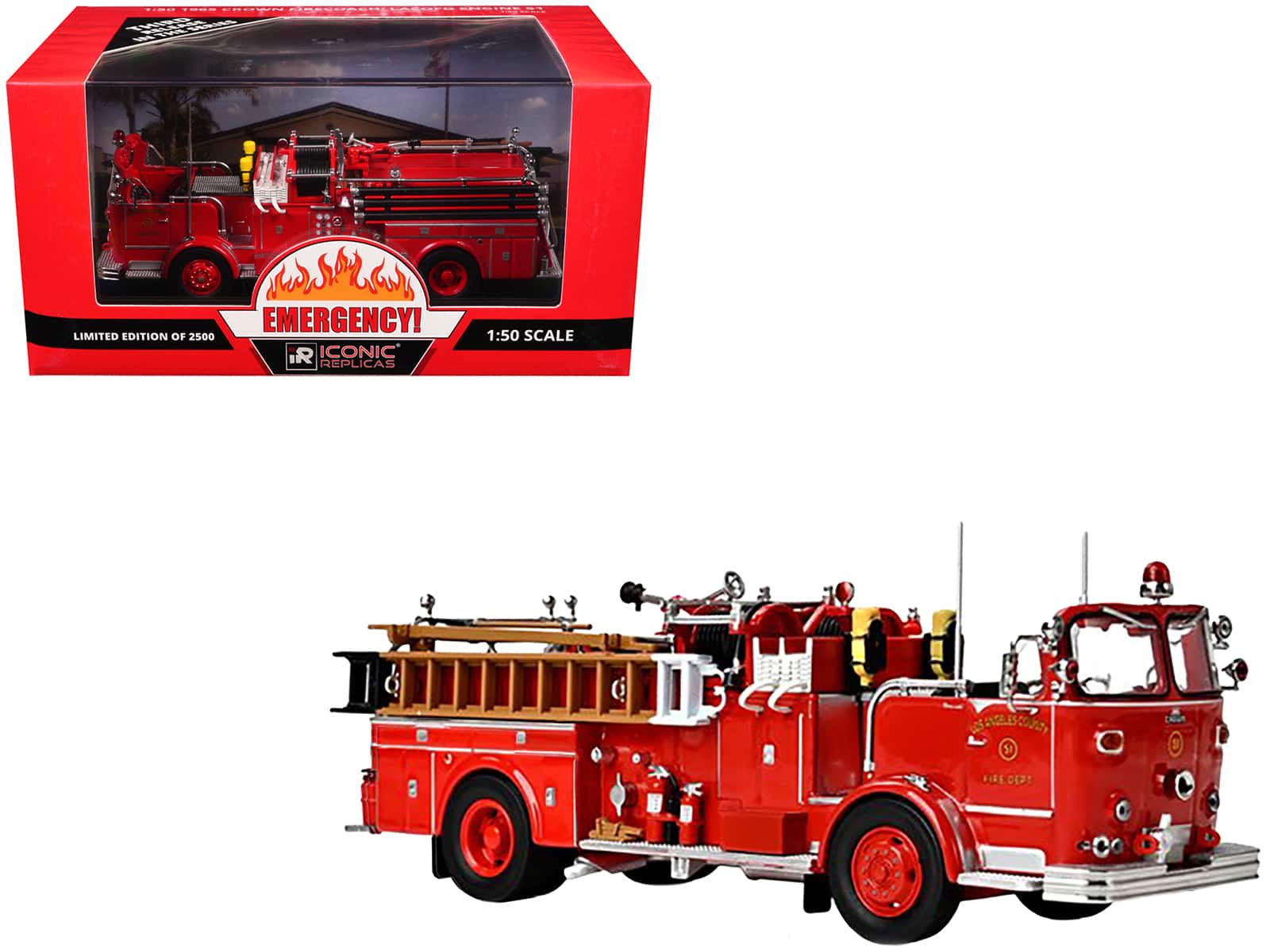"1965 Crown Firecoach Fire Engine LA County FD (LACFD) ""Emergency!"" Series 1/50 Diecast Model by Iconic Replicas" price history on PriceWatchPro