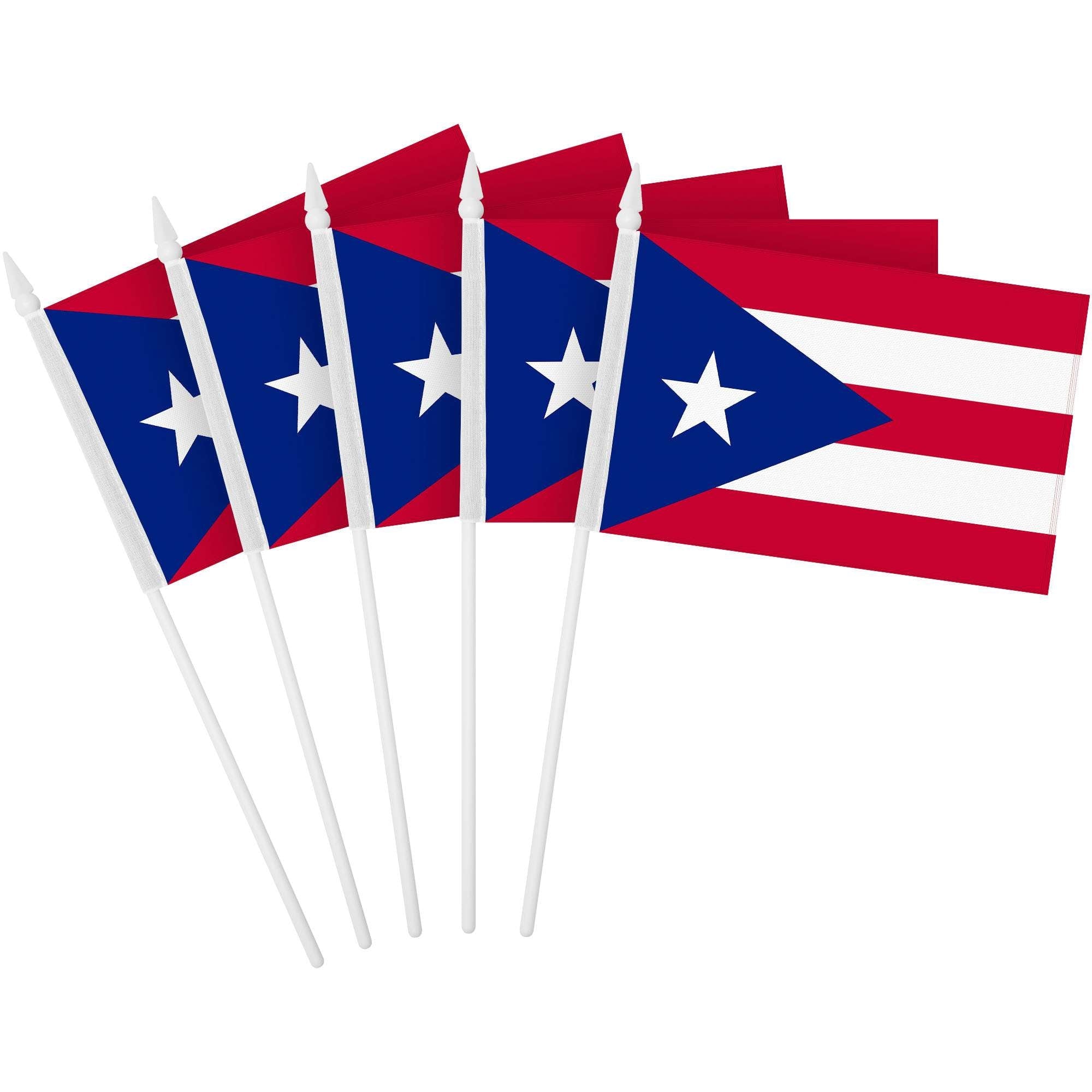 G128 - 24-Pack Handheld Puerto Rico Stick Flags, 4 x 6 in, 150D Polyester, Plastic Spear Stick - Red, Blue, White
