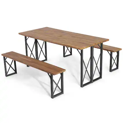 Front. Costway - Costway 3 PCS Outdoor Acacia Wood Patio Dining Table Bench Set with 2" Umbrella Hole - Brown.