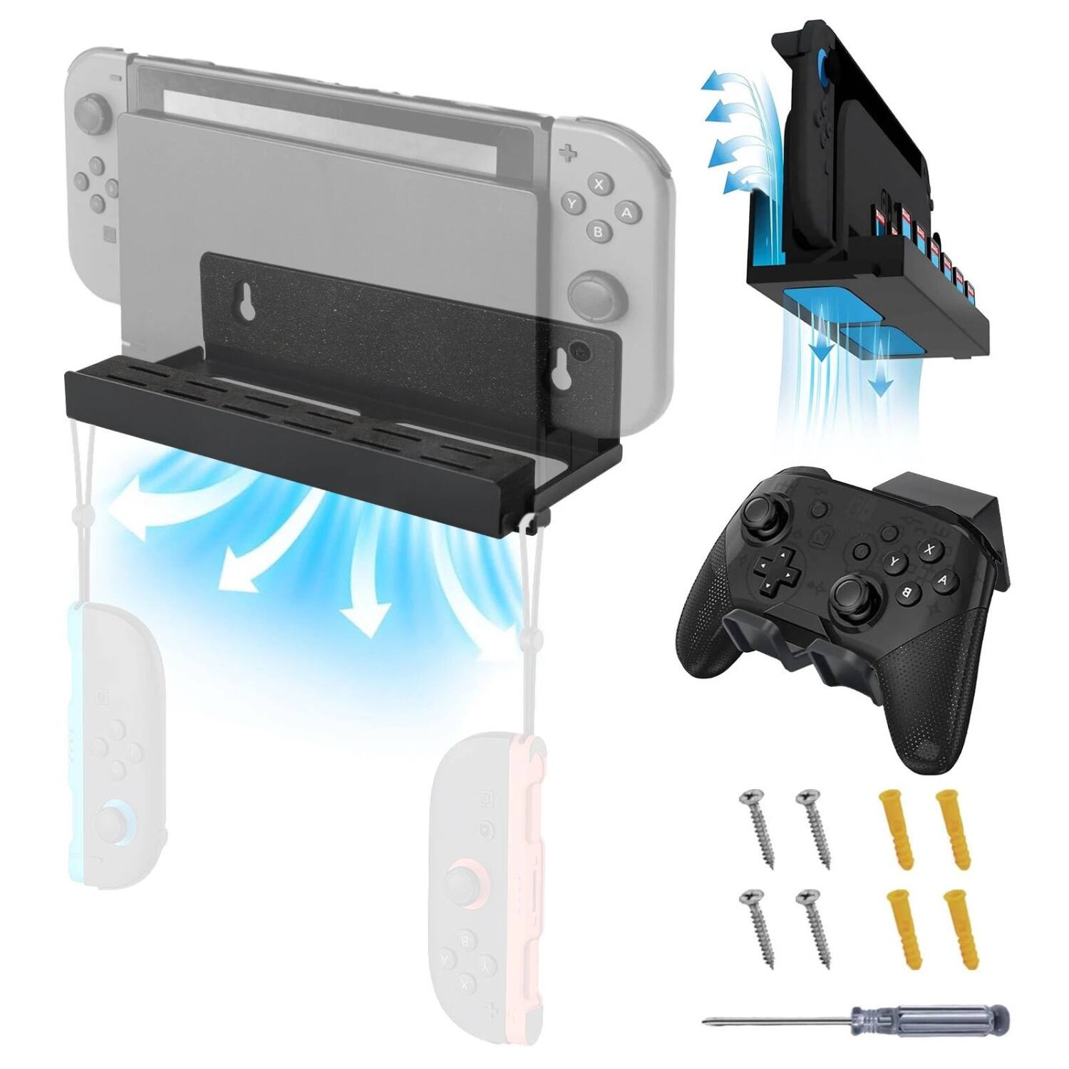 Angle. Stock Preferred - Wall Mount Bracket with 12 Game Card Slots & Joy-Con Holder for Nintendo Switch 2 - Black.