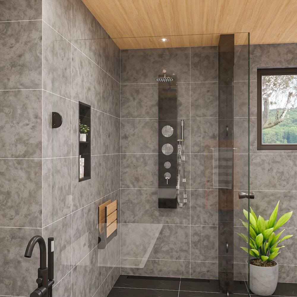 Alt View 1. Alfi - Black Glass Shower Panel with 2 Body Sprays and Rain Shower Head - Black.
