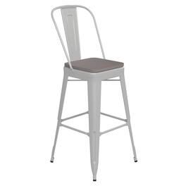 Emma + Oliver - Kam Metal Indoor-Outdoor Stool with Removable Back and All-Weather Polystyrene Seat - Gray Seat/White Frame