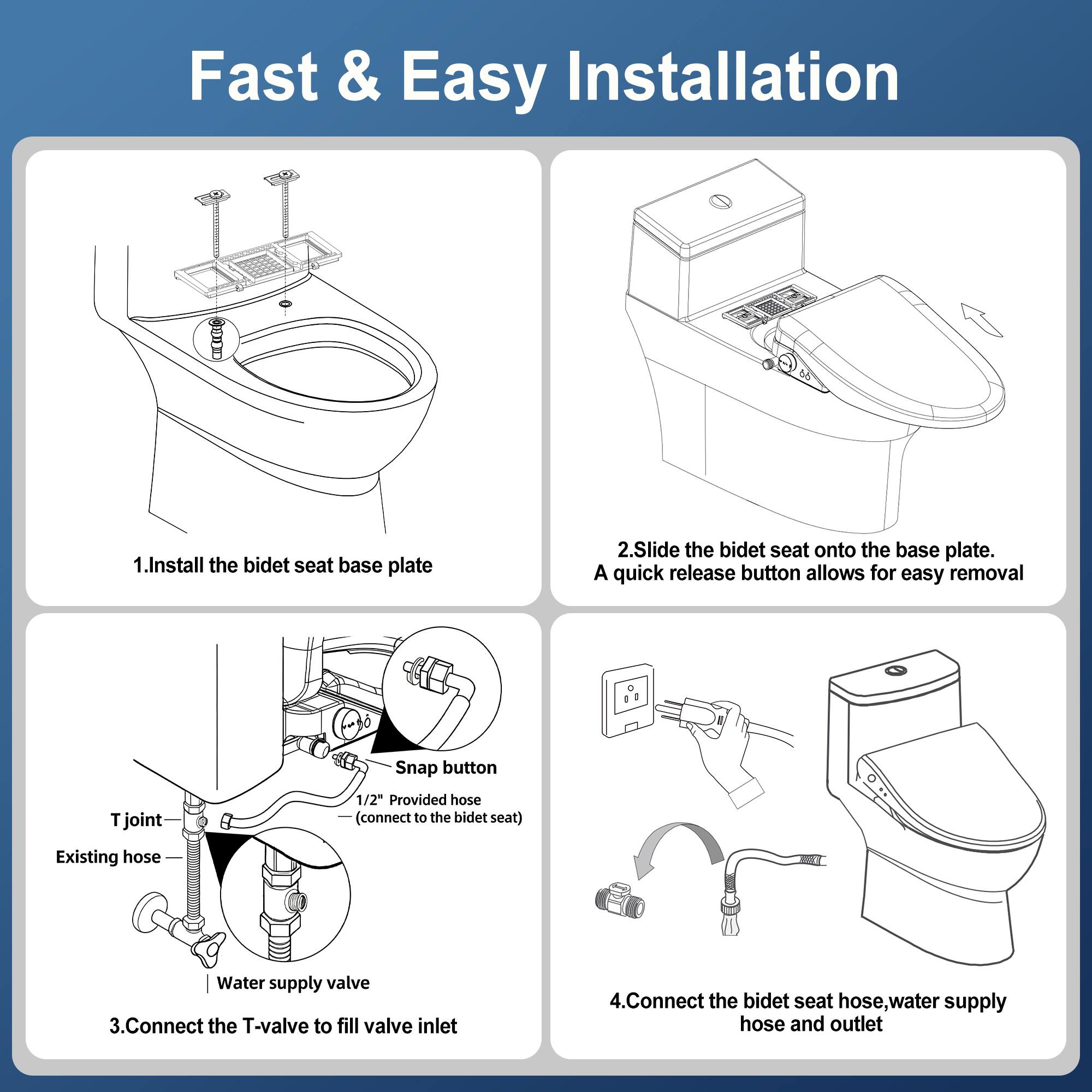 Fast & Easy Installation

1. Install the bidet seat base plate
2. Slide the bidet seat onto the base plate. A quick release button allows for easy removal
3. Connect the T-valve to fill valve inlet
4. Connect the bidet seat hose, water supply hose and outlet