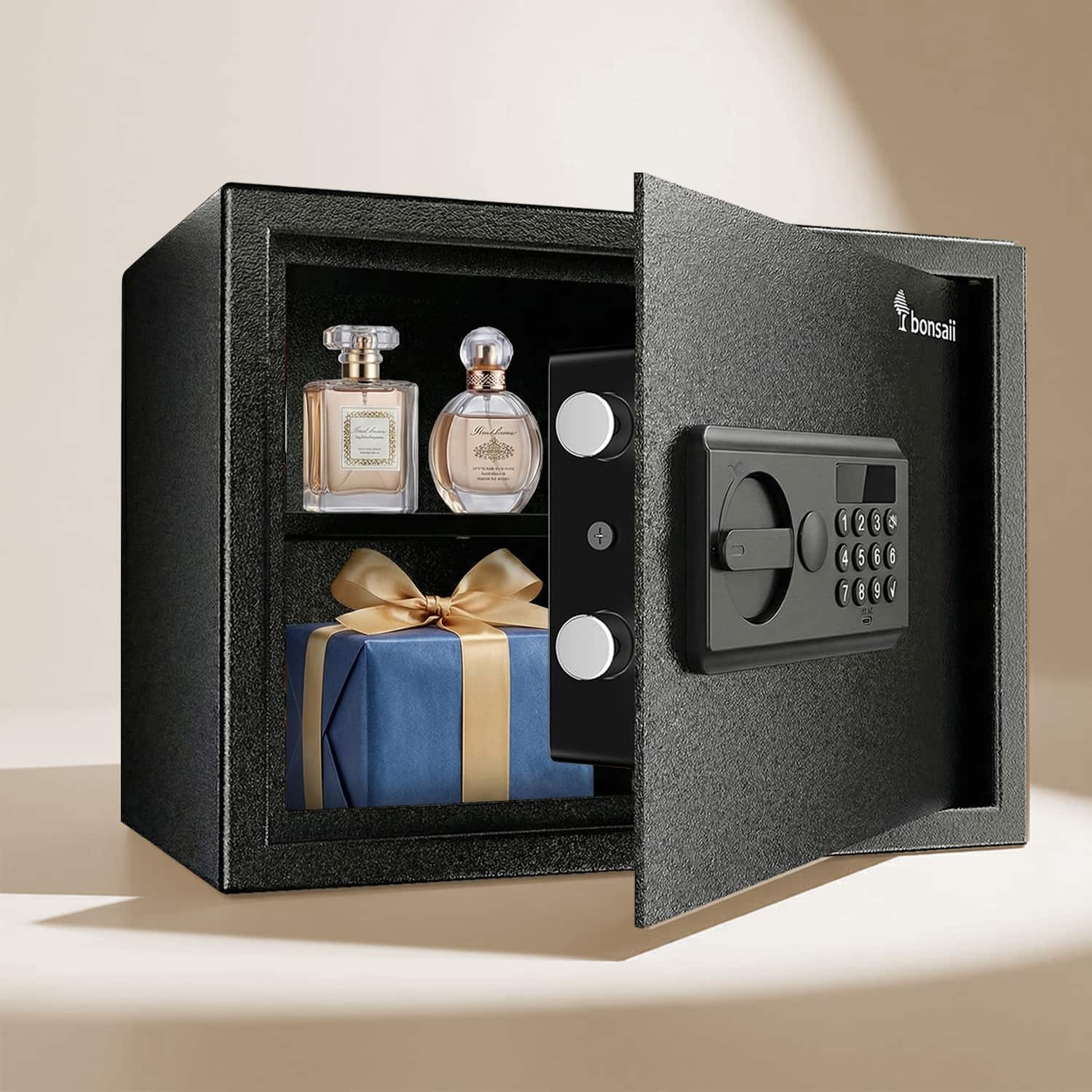 Bonsaii - 0.6 Cubic Foot Safe Box - Dual Steel Bolts, Removable Shelf - Ideal for Home, Hotel, or Business to Secure Jewelry - Black