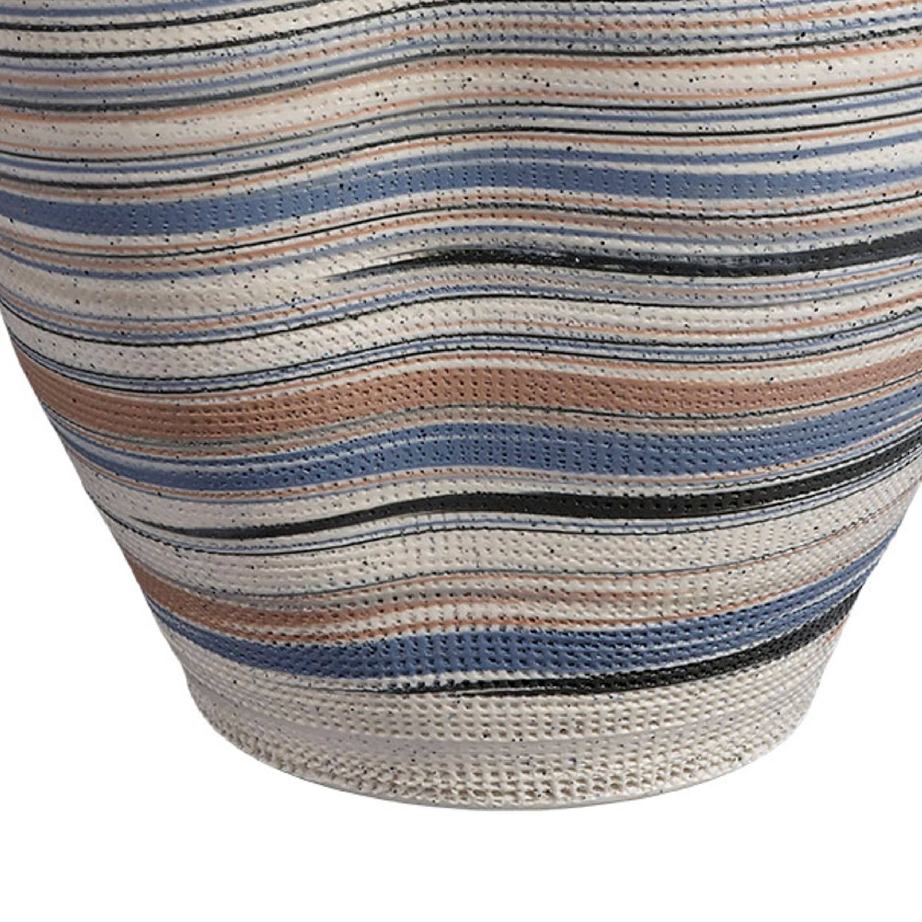 Back. Manhattan Lane - Kerya Decorative Vase, 13 Inch   Striped, Wavy Rim Porcelain - Blue, White.