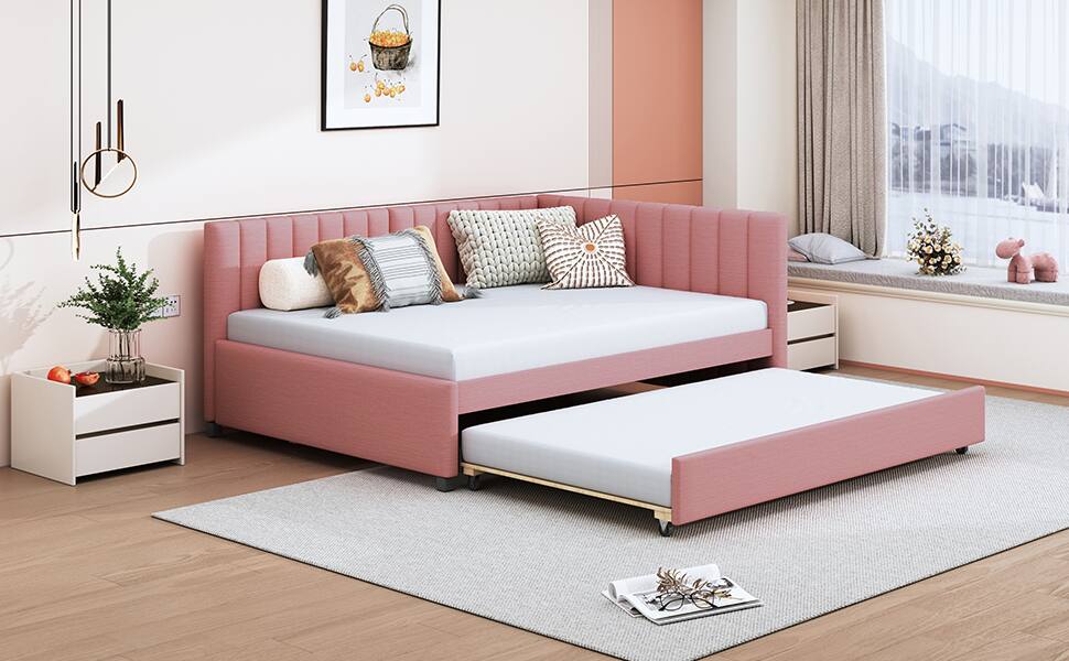 Alt View 9. Tiramisubest - Full Size Upholstered Daybed with Trundle Sofa Bed Frame No Box Spring Needed, Linen Fabric(Pink) - Pink.