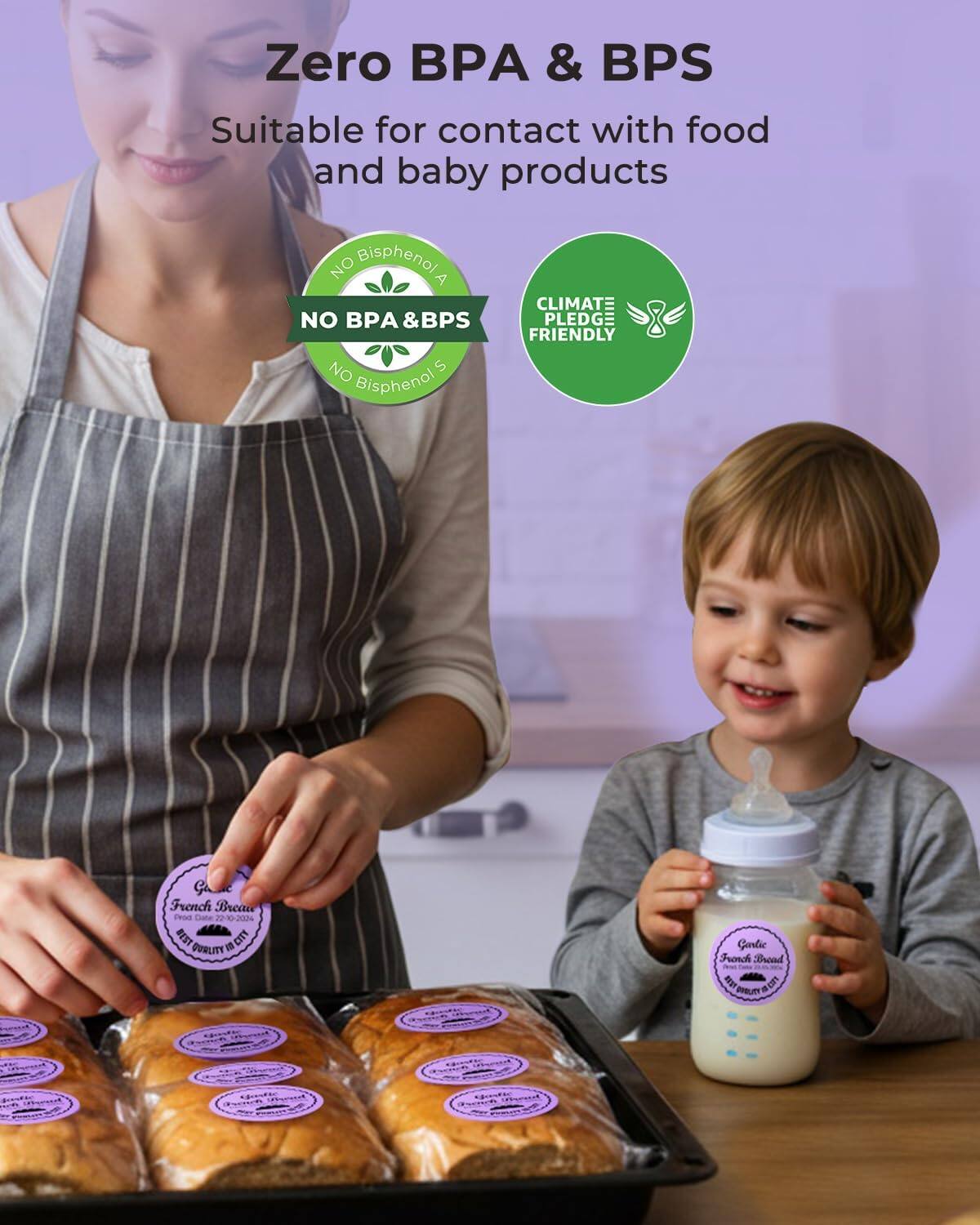 Zero BPA & BPS  
Suitable for contact with food and baby products  

NO Bisphenol A  
NO BPA & BPS  
NO Bisphenol S  

CLIMATE PLEDGE FRIENDLY  

Ga French Breau  
FROG  
22-10-2024  
15  
CISY PORLITY  
Gorlie Forch Bcad  
o PRBLF