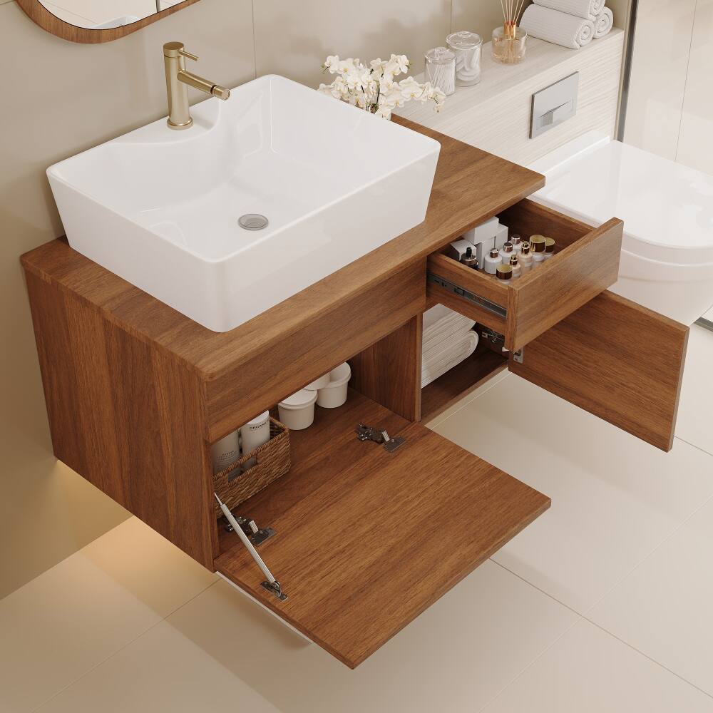 Alt View 2. JUJABU - 31.5 In. Walnut Floating Bathroom Vanity with Ceramic Sink - Walnut.
