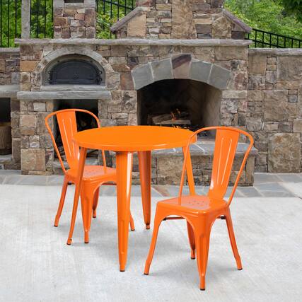 Front. Emma + Oliver - Commercial Grade 30" Round Metal Indoor-Outdoor Table Set with 2 Cafe Chairs - Orange.