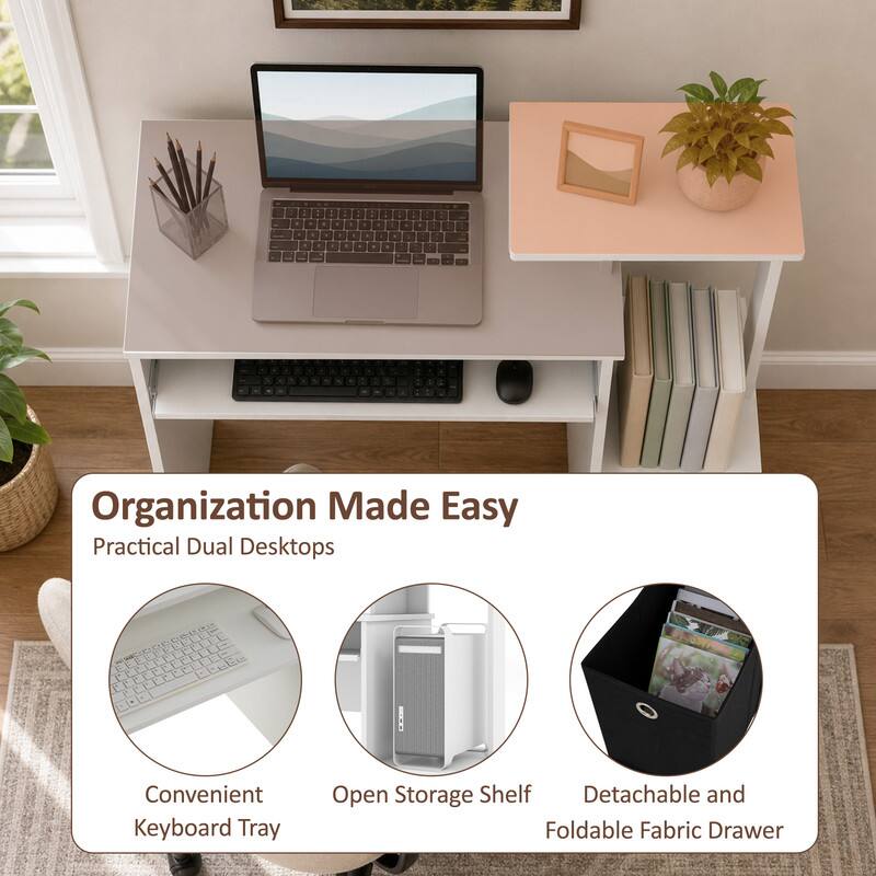 Organization Made Easy  
Practical Dual Desktops  
Convenient Keyboard Tray  
Open Storage Shelf  
Detachable and Foldable Fabric Drawer
