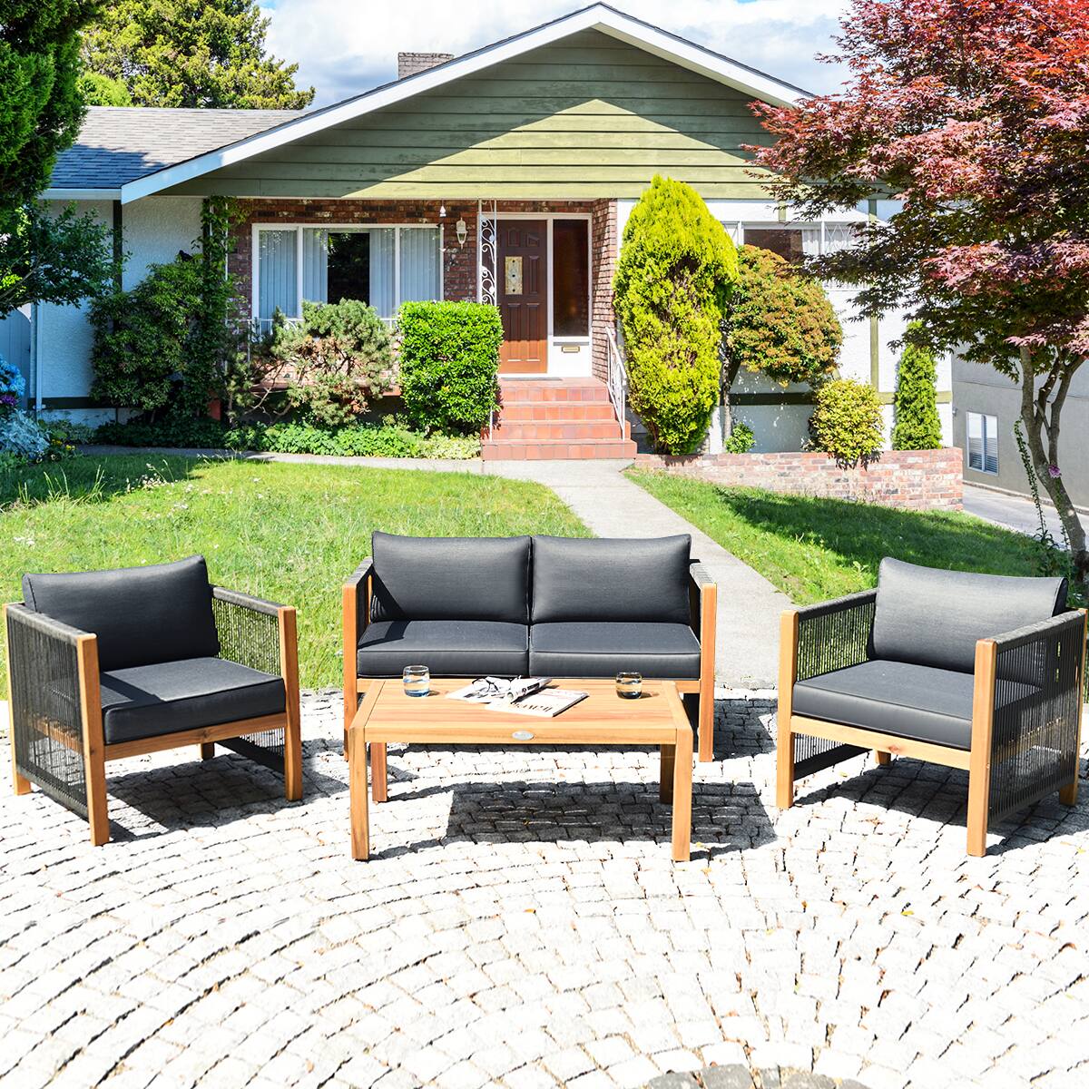 Alt View 1. Costway - Costway 4 PCS Acacia Wood Patio Conversation Set w/Cushions for Garden - Grey.