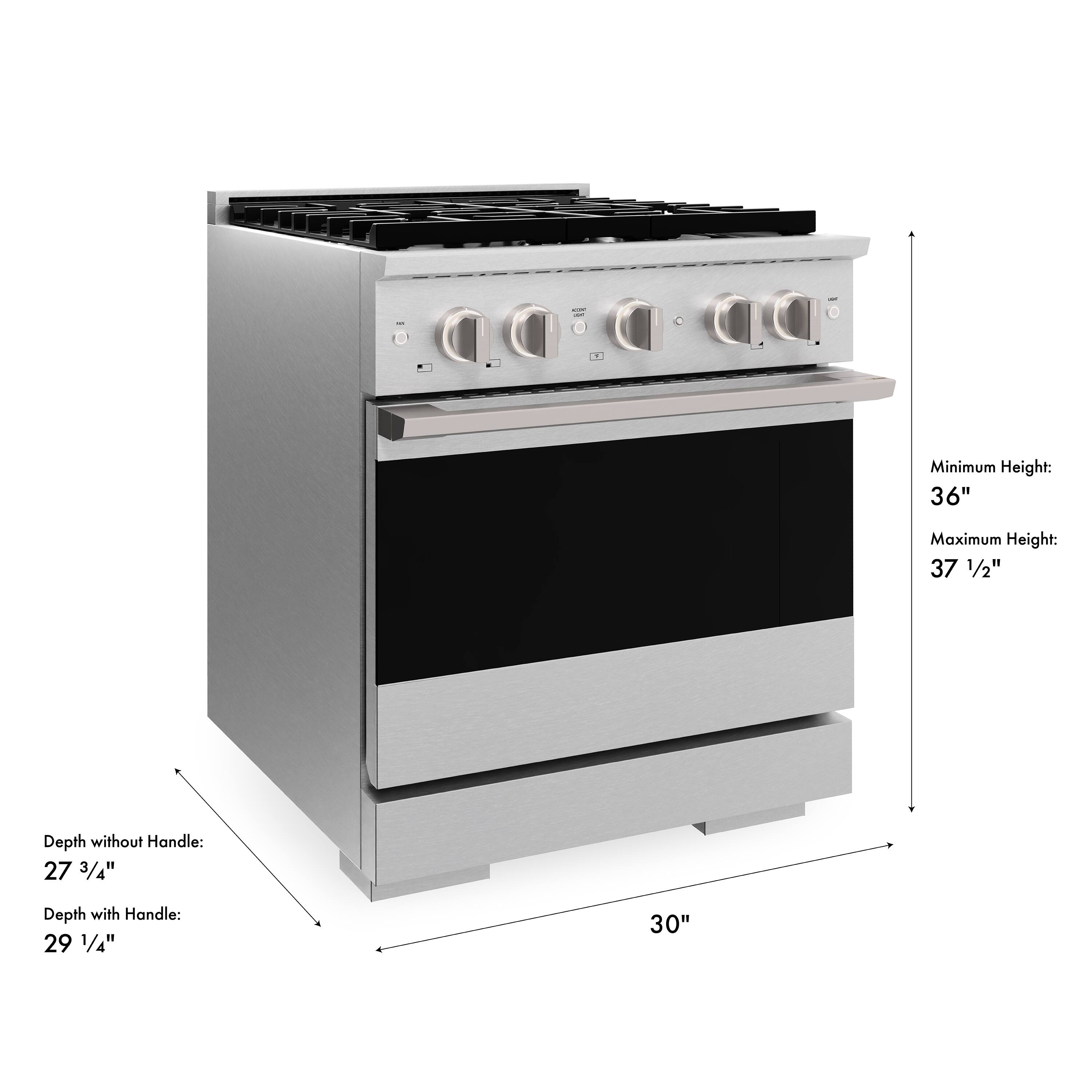 Minimum Height: 36"  
Maximum Height: 37 1/2"  
Depth without Handle: 27 3/4"  
Depth with Handle: 29 1/4"  
30"
