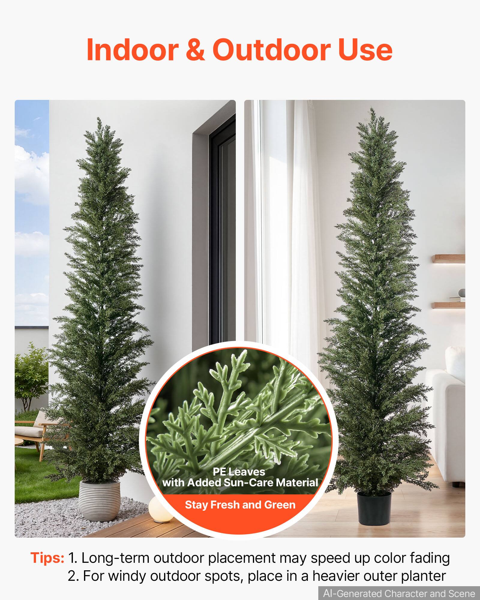 Indoor & Outdoor Use

PE Leaves with Added Sun-Care Material
Stay Fresh and Green

Tips:
1. Long-term outdoor placement may speed up color fading
2. For windy outdoor spots, place in a heavier outer planter

AI-Generated Character and Scene