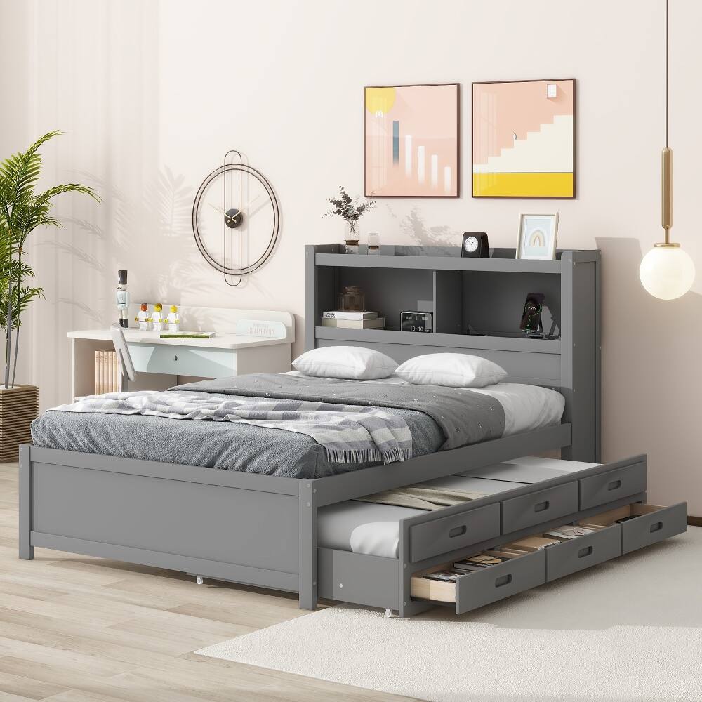 Back. Loheer - Loheer Full Size Platform Bed with Trundle, Drawers and USB Ports, Gray Captains Bed - Gray.