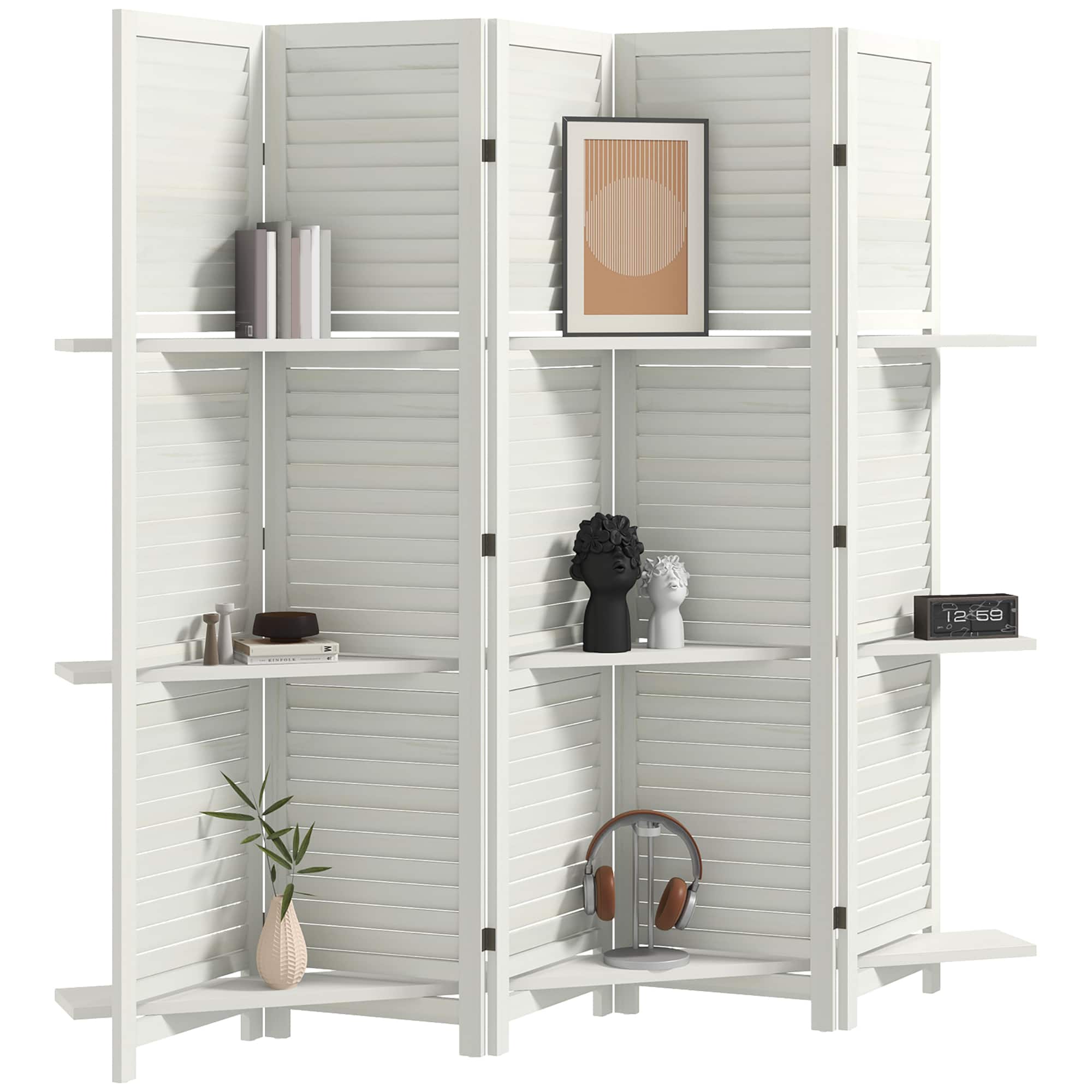 Homcom - Room Divider, 5 Panel Wood Privacy Screen with Display Shelves and Folding Storage for Bedroom or Home Office - White