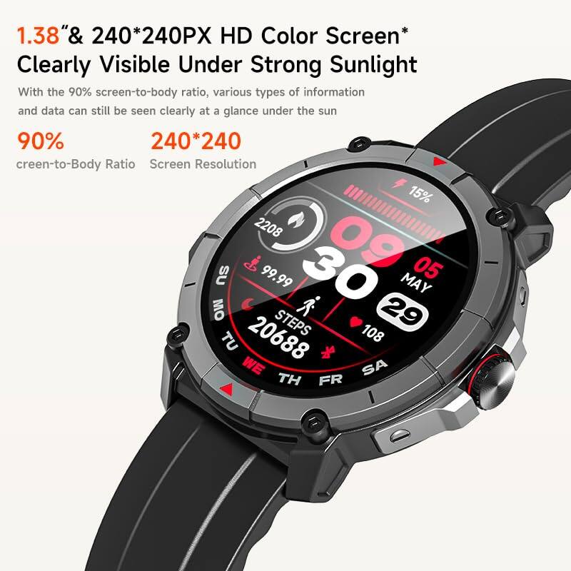 1.38" & 240*240PX HD Color Screen*  
Clearly Visible Under Strong Sunlight  

With the 90% screen-to-body ratio, various types of information and data can still be seen clearly at a glance under the sun  

90%  
Screen-to-Body Ratio  

240*240  
Screen Resolution  

2208  
99.99  
20688 STEPS  
108  

15%  
09  
30  
05  
MAY  
29  

TU  
WE  
TH  
FR  
SA  
SU  
MO