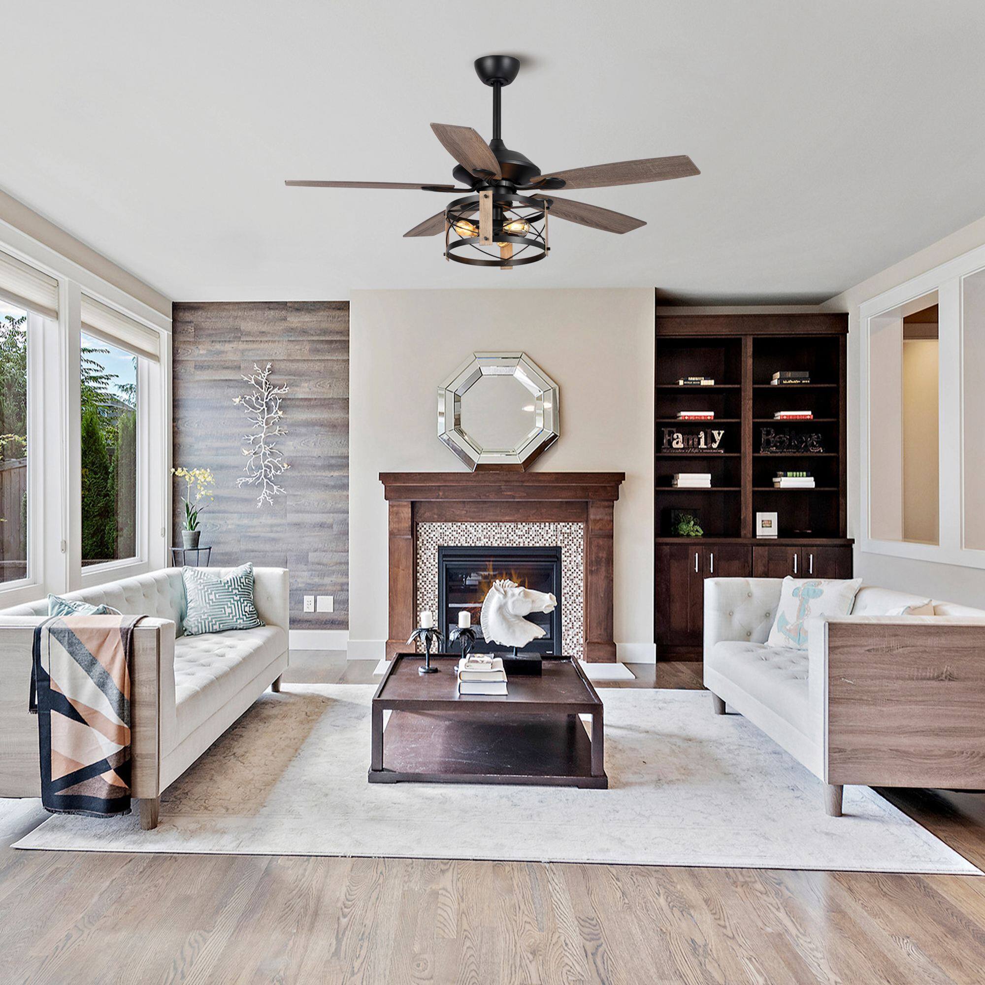 Left. Parrot Uncle - 52" Walnut Wood 5-Blade Industrial Indoor Ceiling Fan Chandelier with Remote - Black.