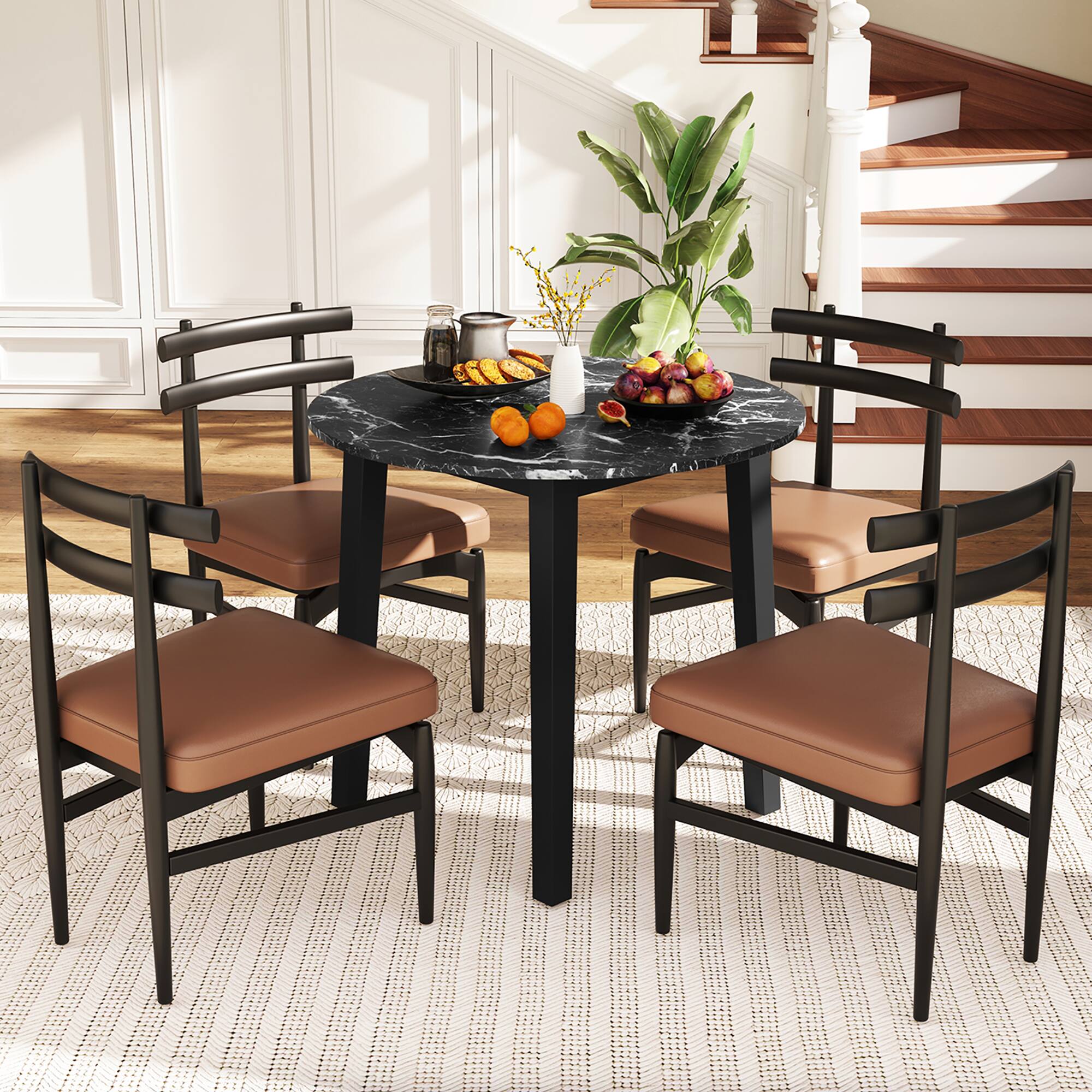 Alt View 8. Gymax - Gymax 35''  Kitchen Table Round Dining Table w/ Marble-textured Veneer Tabletop Black - Black.