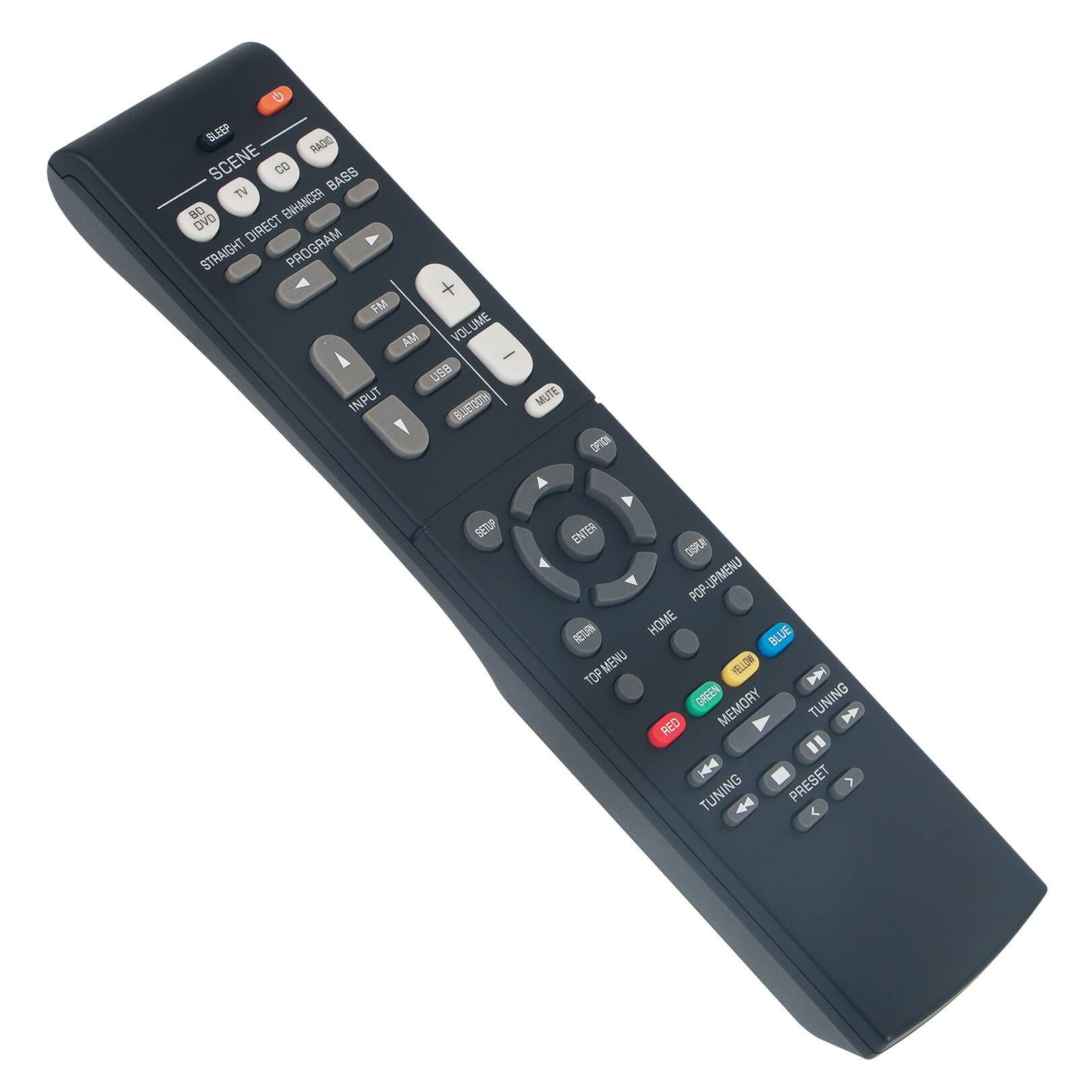 Sure, here is the corrected and grouped text from the image:

- SCENE
- TV
- RADIO
- CD
- BASS
- TV DIRECT
- CD DIRECT
- PROGRAM
- FM
- AM
- VOLUME
- INPUT
- USB
- RETURN
- ENTER
- HOME
- TOP MENU
- POP-UP/MENU
- BLUE
- GREEN
- MEMORY
- TUNING
- PRESET
- RED