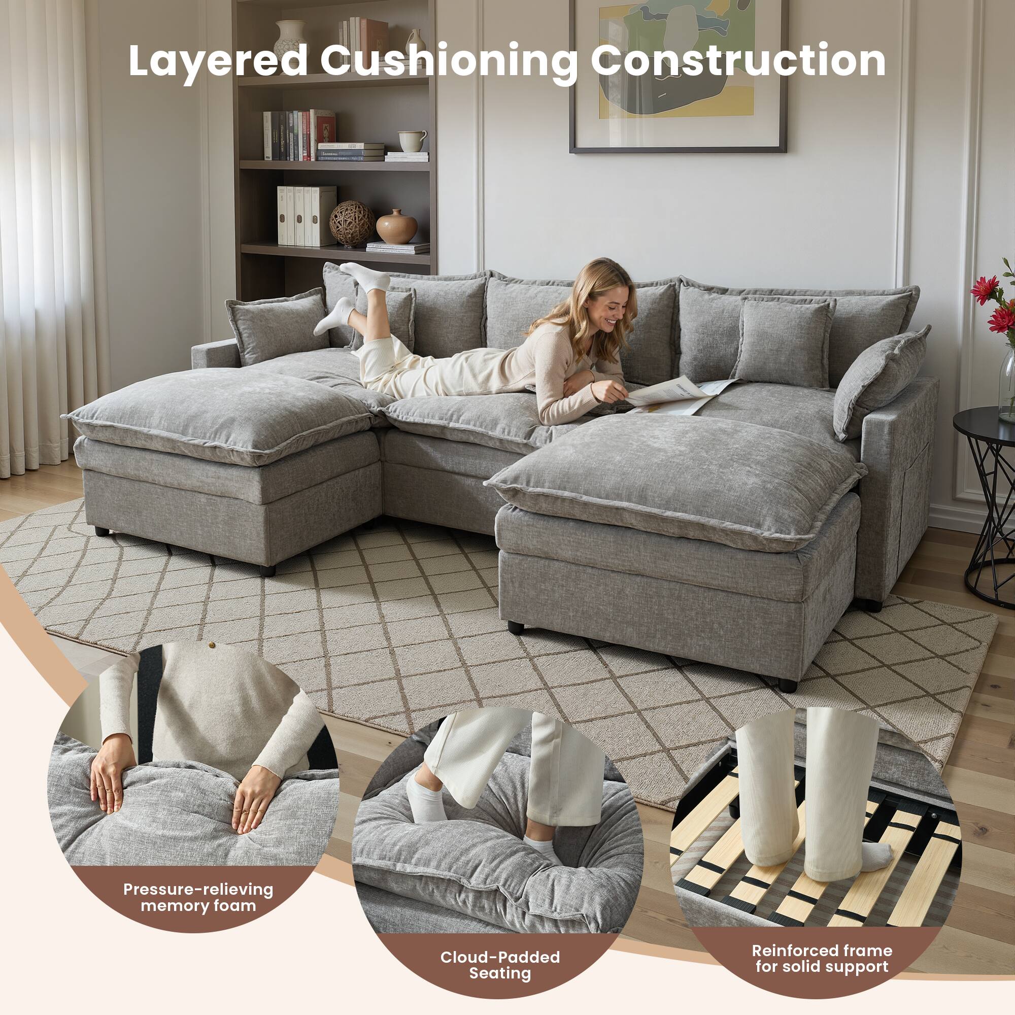 Layered Cushioning Construction

- Pressure-relieving memory foam
- Cloud-Padded Seating
- Reinforced frame for solid support