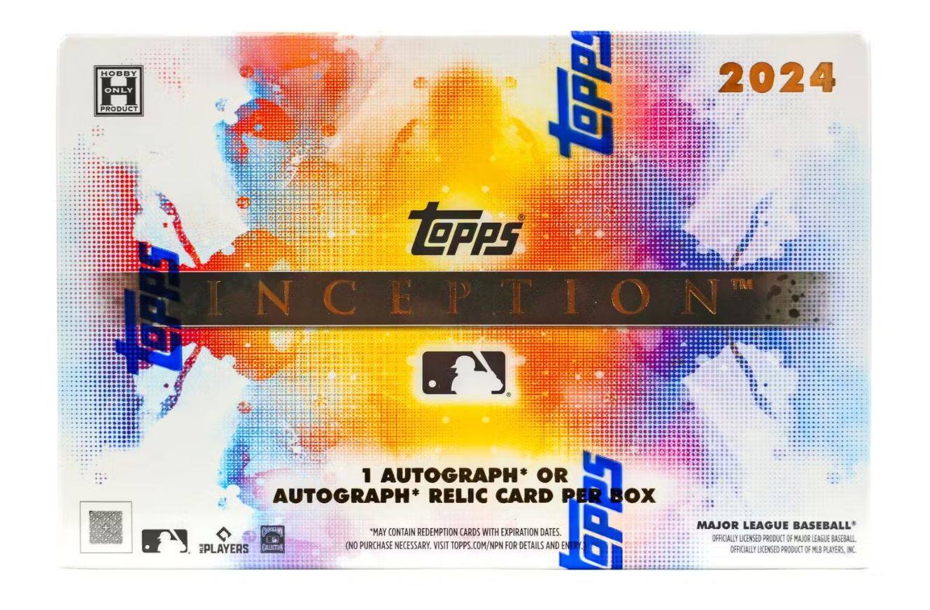Sure, here is the corrected and grouped text from the image:

---

**Topps Inception™ 2024**

**Hobby Only Product**

**1 Autograph* or Autograph* Relic Card per Box**

*May contain redemption cards with expiration dates. (No purchase necessary. Visit topps.com/NPN for details and entry.)

**Major League Baseball®**  
Officially Licensed Product of Major League Baseball  
Officially Licensed Product of MLB Players, Inc.

**Topps**  
**Inception™**

**1 Autograph* or Autograph* Relic Card per Box**

*May contain redemption cards with expiration dates. (No purchase necessary. Visit topps.com/NPN for details and entry.)

**Topps**  
**Inception™**

**Major League Baseball®**  
Officially Licensed Product of Major League Baseball  
Officially Licensed Product of MLB Players, Inc.

---

This text is organized to reflect the information as it appears on the product packaging.