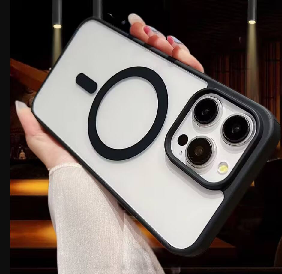 Angle. Gravity Ridge - Magnetic Case for iPhone 17 Pro Clear Phone Case Magsafe Slim & Tough, Pocket-friensly Transparent Cover - Black.