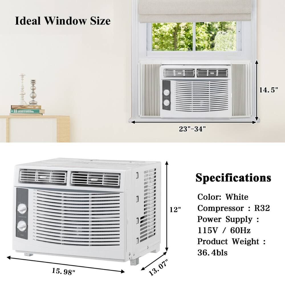 Ideal Window Size  
14.5" A 23"-34" 15.98"  

Specifications  
Color: White  
Compressor: R32  
Power Supply: 115V / 60Hz  
Product Weight: 36.4lbs  
12"  
13.07"