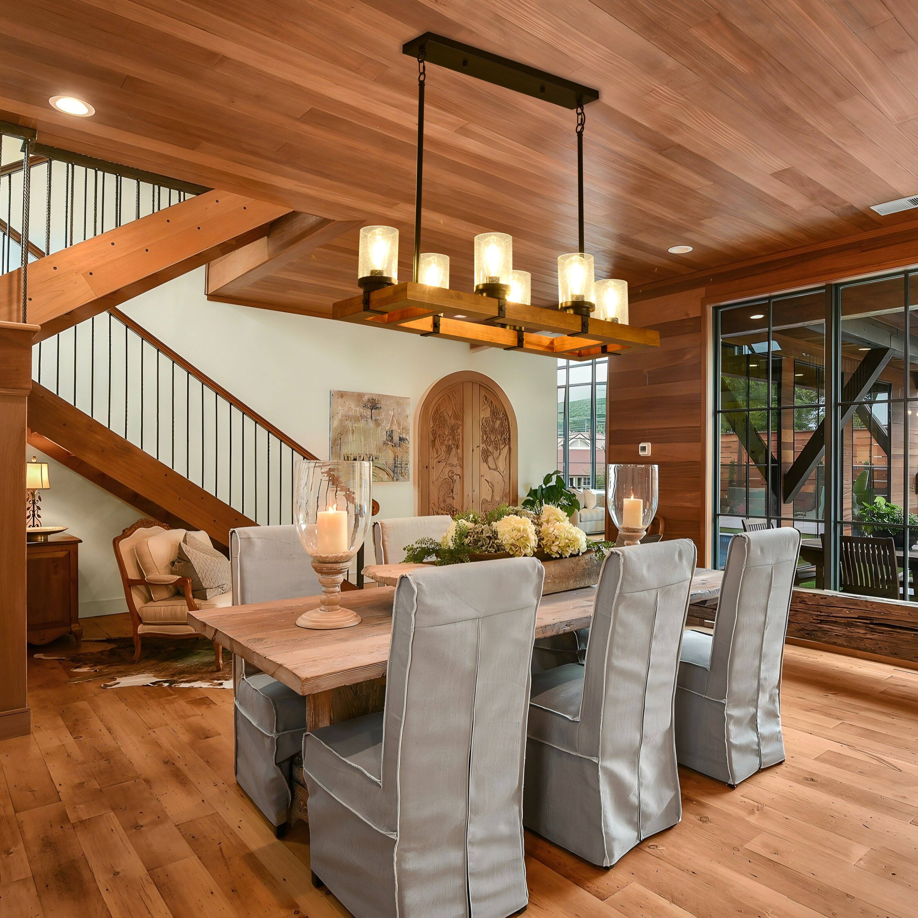 Alt View 6. RYHNUYNE - 6-Light Farmhouse Wood Chandelier with Seeded Glass Shades - Rustic Rectangular Pendant Light for Dining Room Kitchen - Black.